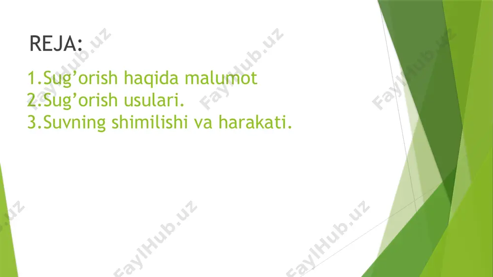 ar olib sug’orish mumkin. odatda sug’oriladigan polosa eni seyalkaning qamrash eniga baravar keladi. u relef sharoitlariga ko’ra o’zgarishi mumkin. ba'zan sho’rlangan tuproq’larda , piez etishtirishda taxtalar olib sug’orish ishlatiladi. egatlar buylab sug’orish sabzavot yoki nlari va kartoshkani er ustidan sug’orishning asosiy usulidir. sabzavotchiliqda qo’llanuvchi keng qatorlar eqish va ko’chat o’tqazishda egatlar yoki ndan ortiqcha foydali maydonni olmaydi. egat buylab sug’orish ikki xil : etagi berk egaklar va ochiqegatlar buylab amalga oshiriladi. sug’orish sifati va qo’yiladigan suv sarfi sug’orilaetgan egatning chuqurligi, kesimi va uzunligi hamda quyilaetgan suv oqimining miqdoriga ko’p jixatdan bog’liqbo’ladi. etagi berk egatga suvni jildiratib berib egat to’ldiriladi yoki egatga takror suv beriladi. oqava egat buylab sug’orishda quyilaetgan suvning miqdori 0,2 dan 1 l/s gacha o’zgarib turadi hamda uchastka tuprog’i va relefining suv singdirish qobiliyatiga bog’liqbo’ladi. barcha quruqlikda yashovchi usimliklarning tanasida tuxtovsiz suv almashinish jarayoni sodir bulib turadi. bunday jarayon usimliklar- ning suv rejimi deyiladi va uch boskichdan iborat: …