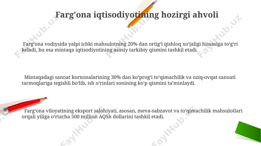 jumladan, 10 yillik muddatga soliqdan ozod qilish taklif etiladi. fergana viloyatida faoliyat yuritayotgan 50 dan ortiq xorijiy kompaniya mavjud boʻlib, ularning aksariyati qoʻshma korxonalar shaklida ishlaydi va 1000 dan ortiq ish oʻrinlari yaratadi. fergana vodiysida 2022-yilda xorijiy investitsiyalar hajmi 150 million dollardan oshgan boʻlib, bu asosan toʻqimachilik va qayta ishlash sanoatiga yoʻnaltirilgan. e'tiboringiz uchun rahmat @taqdimot_robot image2.png image1.png