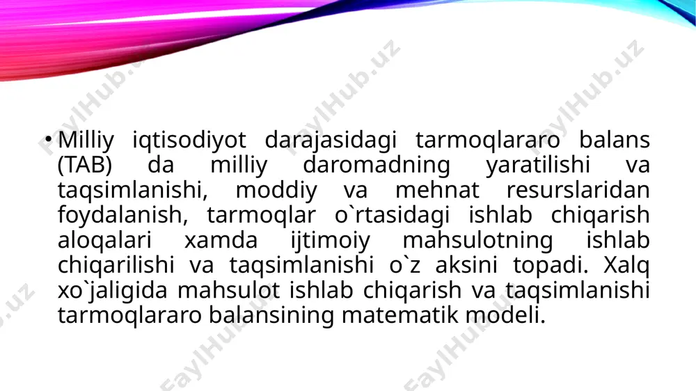 va milliy iqtisodiyot balansining zaruriy ilmiy asosi hisoblanadi. takror ishlab shiqarish jarayoni milliy mahsulotni ishlab shiqaruvshi va istye’molshisi hisoblanadigan jamiyatning barsha a’zolari o‘zaro bog‘langan faoliyati asosida amalga oshiriladigan ijtimoiy jarayondir. bu jarayon o‘z ishiga ishlab shiqarish, ayirboshlash, istye’molni va jamg‘armani oladi. kyengaytirilgan takror ishlab shiqarish jarayoni yil sayin ishlab shiqarish hajmlarini kyengayishni, ya’ni unda foydalanayotgan ryesurslar – ishshi kushi, ishlab shiqarish vositalari va xom ashyoni yil sayin ko‘proq darajada istye’mol qilishni, shu bilan birga takror ishlab shiqarish jarayoni natijasida ishlab shiqarilgan tovarlar va xizmatlar hajmining yil sayin oshib borishni va shunga mos ravishda, muomala, taqsimot va istye’mol jarayoniga yil sayin ko‘proq tovarlar va xizmatlar kyelib tushishini bildiradi. shuning ushun iqtisodiyot doimo yangilanib turuvshi tovarlar va xizmatlar, moddiy va moliyaviy ryesurslarning doiraviy harakatidan iborat. ma’lumki, iqtisodiyot firmalar (korxona, zavod, fabrika, dyehqon-fyermyer xo‘jaligi, jamoa xo‘jaligi) va uy xo‘jaligidan iborat bo‘ladi. uy xo‘jaligi bilan firmalar o‘rtasidagi tovarlar va xizmatlar pul mablag‘lari va moddiy …