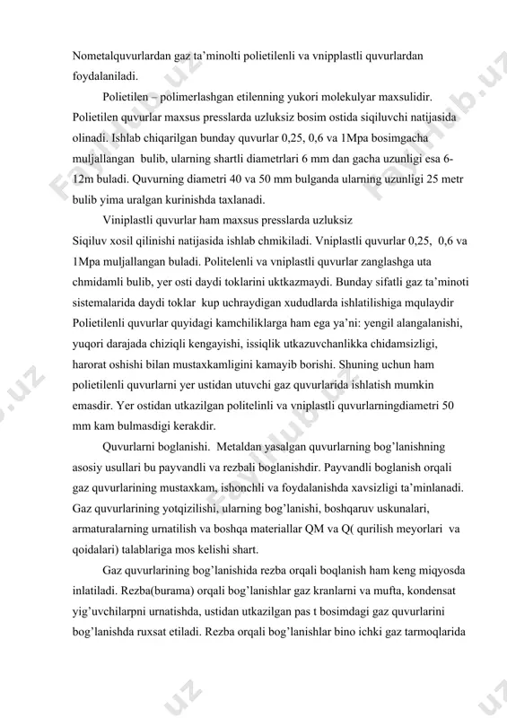 az ta’minoti sistemasida impulsli gaz quvurlarida va suyultirilgan uglevodli gazlardan foydalayenishda ishlatiladi. ventillar kattai gidravlik qarshilikka ega, shuning uchun ham past bomsimli gaz quvurlarida urnatilmaydi. zadvijkalar – yer osti gaz quvurlarida eng kup ishlatiladigan berk armaturalaridir. zadvijkalar gaz oqimmini boshqarishda asta- sekinlikbilan tovlanish xususiyatiga egadir, 50 mm va undan ortiq qamma bosimdagi gaz quvurlariga urnatiladi. zadvijkalar qozon qurilmalari va pechlardagi gaz gorelkalariga gaz yetkazib berishda ishlatiladi. quvurda gazning bosimi 0,6mp gacha. bulganda chuyandan tayorlangan zadvijkalar, sundan yuqori bosimda esa pulatdapn yasalgan zadvijkalardanfoydalaniladi. kondensat yiguvchilar. gazning bosimiga karab past bosimli (0,005mpa), urtacha va yukori bosimli kondensat yiguvchilardan, ikkinchi ustun kuvuri mavjudligi bilan ajralib turadi. kondensat yiguvchilar pavandlangan konstruksiyali kurinishda bulib, zavodlar texnik shart- sharoitlar talabiga asoslanadi. kondensat ytguvchilar mustaxkamligi sinovidan suv yordamida 0,45mpa bosimida rsh (0,3 mpa da va 0,75mpa bosimda, rsh (0,6 mpazichligi sinovida xavo yordamida mos ravishda 0,3 va 0,6 mpa bosimda sinovdan utadi. kondensat yiguvchilar gaz kuvurining pastgi …
