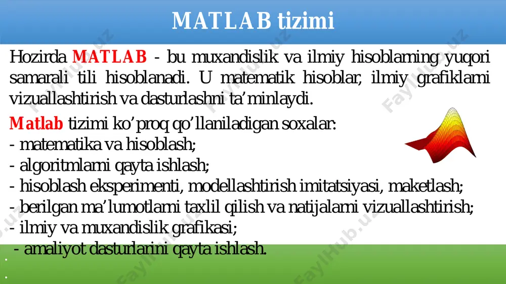 ini beradi. bunda n*n matrisa hosil bo’ladi, uning ustunlari va qatorlari soni, hamda dioganali bo’yicha elementlar soni bir hil songa teng bo’ladi. sehrli matrisa quyidagicha o’zlashtiriladi (matrisaning elementlari 4*4 ya’ni, 4 ustun, 4 qator): matlab dasturida vektor va matrisa bilan ishlash. . . м = 16 2 3 13 5 11 10 8 9 7 6 12 4 14 15 1 >> sum(m) ans= 34 34 34 34 >> sum(m’) ans= 34 34 34 34 >> sum(diag(m)) ans=34 >> m(1.2)+m(2.2)+m(3.2)+m(4.2) ans= 34 >> m=magic(4) matlab dasturida vektor va matrisa bilan ishlash. . . 16 3 2 13 5 10 11 8 9 6 7 12 4 15 14 1 16 4 7 3 5 -7 2 9 0 8 23 65 -7 4 17 9 180 111 385 322 74 70 444 892 90 98 440 644 132 27 397 1066 a= b= ko’paytirish uchun c=a*b amalga oshiramiz. natijada quyidagi …