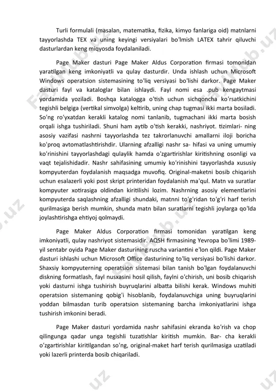 sh uchun microsoft windows operatsion sistemasining to‘liq versiyasi bo‘lishi darkor. page maker dasturi fayl va kataloglar bilan ishlaydi. fayl nomi esa .pub kengaytmasi yordamida yoziladi. boshqa katalogga o‘tish uchun sichqoncha ko‘rsatkichini tegishli belgiga (vertikal simvolga) keltirib, uning chap tugmasi ikki marta bosiladi. so‘ng ro‘yxatdan kerakli katalog nomi tanlanib, tugmachani ikki marta bosish orqali ishga tushiriladi. shuni ham aytib o‘tish kerakki, nashriyot. tizimlari- ning asosiy vazifasi nashrni tayyorlashda tez takrorlanuvchi amallarni iloji boricha ko‘proq avtomatlashtirishdir. ularning afzalligi nashr sa- hifasi va uning umumiy ko‘rinishini tayyorlashdagi qulaylik hamda o‘zgartirishlar kiritishning osonligi va vaqt tejalishidadir. nashr sahifasining umumiy ko‘rinishini tayyorlashda xususiy kompyuterdan foydalanish maqsadga muvofiq. original-maketni bosib chiqarish uchun esalazerli yoki post skript printeridan foydalanish ma’qul. matn va suratlar kompyuter xotirasiga oldindan kiritilishi lozim. nashrning asosiy elementlarini kompyuterda saqlashning afzalligi shundaki, matnni to‘g‘ridan to‘g‘ri harf terish qurilmasiga berish mumkin, shunda matn bilan suratlarni tegishli joylarga qo‘lda joylashtirishga ehtiyoj qolmaydi. page maker aldus corporation …