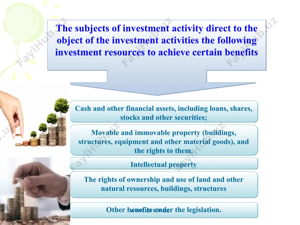 .arxiv.uz www.arxiv.uz the second stage of investment policy at this stage occurred: - the creation of the legal framework for investment; - the use of different sources of funding; - the process of attracting foreign investment, the establishment of joint ventures and wholly foreign-owned enterprises; - the inflow of investments in the real sector of the economy; - state support investment projects by both direct appropriations and government guarantees; - financing of projects already started on a competitive basis. www.arxiv.uz www.arxiv.uz the third stage of investment policy this stage is characterized by: - liberalization of currency and credit relations; - the protection of the rights and interests of investors, the creation of additional benefits and incentives for their production activities; - technical re-equipment and modernization of enterprises; - import-substituting and export-oriented production; - mobilization of domestic savings to the banking sector; - economic incentives for domestic investors to set up …