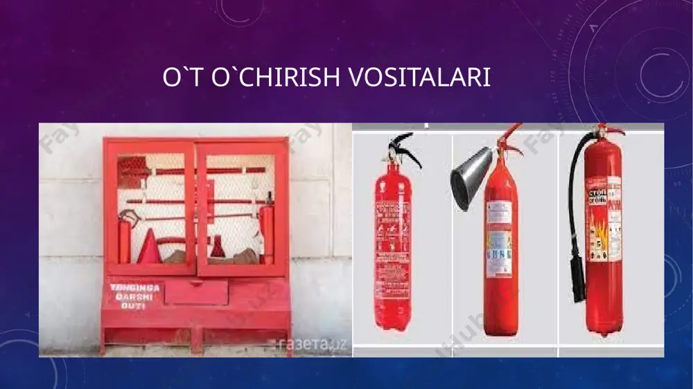 in o'chirgichi ishga tushirilganda ishlab chiqarilgan aerosol, odamning kiyimiga va jismiga salbiy ta'sir ko'rsatmaydi, mol-mulkka zarar etkazmaydi va suv bilan yuvib tashlash, vakuum yoki yuvish yo'li bilan osongina chiqariladi. sot-1 yong'inga qarshi uskunalari bir marta ishlatiladigan mahsulotlardir yonishini to'xtatishning asosiy belgisiga ko'ra, o'chirish moddalar quyidagilarga bo'linadi:  sovutish ta'siri (suv, qattiq karbonat angidrid);  suyultiruvchi ta'sir (yonuvchan bo'lmagan gazlar, suv bug'lari, mayda suv zarralari);  izolyatsion harakatlar (har xil turdagi havo-mexanik ko'pik, yirik bo'lmagan yonmaydigan materiallar, qattiq mato materiallari);  ingibir ta'sir (yonish reaktsiyasining kimyoviy usulda kamaytirish - metilen bromid, etil bromid). sovutgich sifatida suv, eng ko'p qullaniladigan moddai. . suvning yong'inga qarshi ta'siri juda yuqori. suvning katta issiqlik quvvati va bug'ni suvga aylantirish uchun katta miqdorda issiqlik sarflanishi kerakligi belgilanadi. yonuvchan moddaga kirib, suv bug'lanish uchun issiqlikni oladi, shu bilan birga yonuvchi moddalar haroratini pasaytiradi. bug'ga aylantirilganda, suv yonish uchun kerak bo'lgan kislorodning nisbatlarini o'zgartiradi va yonish to'xtaydi. shu …