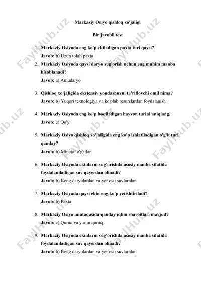 markaziy osiyo qishloq xo'jaligi test — DOC