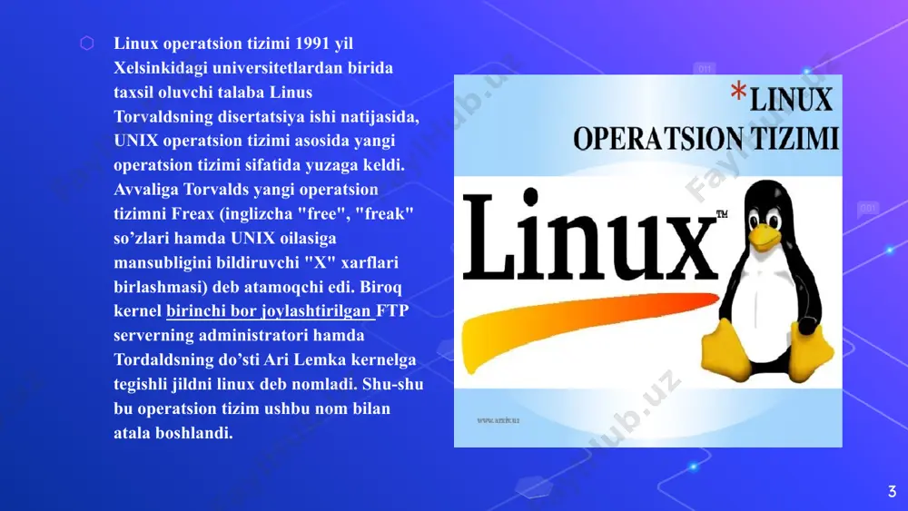 kozo ma’lumotlarni boshqarish mumkin. – o’rnatish uchun administrator huquqi talab qilinadi. – paket bu aniq operatsion tizim distrubitivi uchun yaratiladi. 10 11 linux operation tizimi kataloglari 12 repositoriya orqali dastur o’rnatish afzallik va kamchiliklari: repostory bu joy bo’lib, u yerda dastur uchun zarur barcha ma’lumotlar fayl ko’rinishida saqlanadi va tarmoq orqali unga murojaat qilish imkoniyati mavjud bo’ladi. appstore (apple) play market (google) market (microsoft) + kerakli barcha kutubxonalarga bog’lanishlar mavjud; + dasturni o’rnatish boshqaruvi mavjud; + qoidalar to’plami bo’lib, barcha jarayonlar repositoriya orqali avtomatik amalga oshiriladi. linux operation tizimi 13 gnu nima? 14 gnu’s not unix so’zlarini qisqartmasi bo’lib, bu abviatura hisoblanadi. 1983-yilda richard stolman – gnu loyihasini yurg’izadi. loyiha nomi – “gnu is not unix” so’zlaridan olingan abbreviatura hisoblanadi va “gnu – unix emas” ma’nosini beradi. bu loyihadan maqsad: unix kodlaridan foydalanmasdan, mutlaqo bepul unix’simon ot yararish edi. gnu loyohasida ko’plab dasturlar yaratiladi, lekin ularning yadrosi – ya’ni ot’ning …