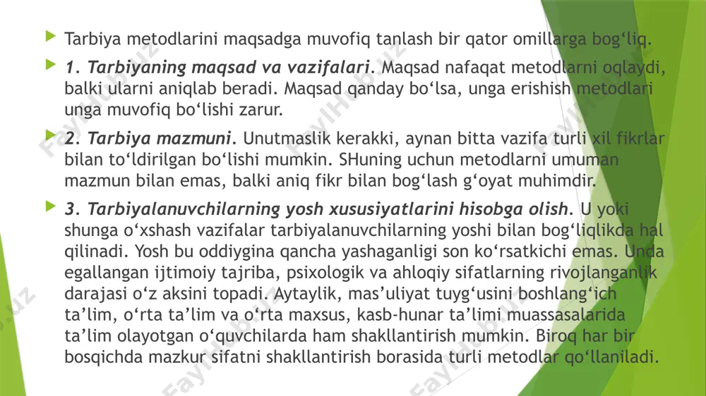 tarbiya metodlarining maqsadi va mazmuni metodning ijobiy va salbiysi bo‘lmaydi, tarbiya jarayonida ma’lum yo‘lni yuqori darajadagi samarali va samarasiz deya baholash mumkin emas. metodning samaradorligini u qo‘llanilayotgan sharoit nuqtai nazaridan baholash mumkin. tarbiya metodlarini maqsadga muvofiq tanlash bir qator omillarga bog‘liq. 1. tarbiyaning maqsad va vazifalari. maqsad nafaqat metodlarni oqlaydi, balki ularni aniqlab beradi. maqsad qanday bo‘lsa, unga erishish metodlari unga muvofiq bo‘lishi zarur. oʻzbekiston mustaqillikka erishgach, tarbiya va unga bogʻliqjarayonlarga yangi hamda sogʻlom pedagogik tafakkurga tayangan holda yondashuv qaror topa boshladi. uni izohlashda gʻayriilmiy sinfiypartiyaviy yondashuvdan voz kechildi. tarbiyaning milliyligiga alohida eʼtibor karatilmoqda. buning uchun xalq ped.si boyliklari, oʻzbek mutafakkirlarining pedagogik qarashlari sinchkovlik bilan oʻrganilayotir. natijada, oʻzbekiston ped. fani va amaliyotida oila tarbiyasining ham, ijtimoiy tarbiyaning ham oʻziga xos oʻrni borligi tan olina boshlandi. tarbiyada irsiy va biologik omillar ham hisobga olinadigan boʻldi. ayni vaqtda, shaxsning shakllanishida tarbiyaning oʻrniga keragidan ortiq baho berish ham barham topdi. bu hol tarbiyaga …
