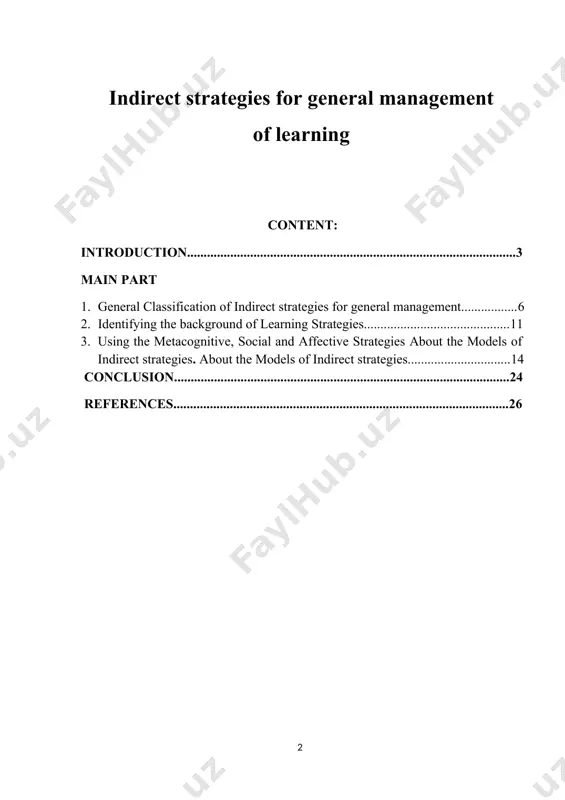 ns why chronic misbehavior happens: a difficult personal situation from outside the school that disrupts a student's ability to learn; course content or lesson goals that are above the student’s ability level that bring on escape behavior; environmental situations within the classroom that inhibit the student’s ability to learn in a mode best suited for the student; the teacher had not established and reinforced clear behavior and academic expectations within reachable limits of the students in the class. the subject matter of this course work is that the role of developing indirect strategies for general management of learning. the object of this course work is devoted to study the role of indirect strategies for general management of learning. the actuality of the course work is determined by the necessity teaching indirect strategies and methodological units in a particular age groups. the analysis will be used to achieve the aim and …
