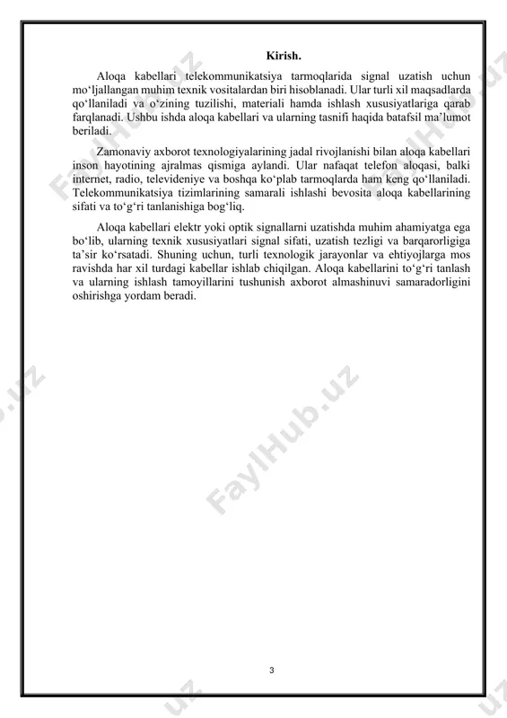 i radiotexnik va elektron apparaturalarning elementlarini uzaro tutashtirishda, bu apparaturalarni uzatuvchi va qabul qiluvchi antennalarga ulashda qoʻllanadi.[1] aloqa kabeli — axborotlarni turli tok chastotalarida uzatish uchun moʻljallangan kabel. aloqa kabeli orqali telegrammalar, fototasvirlar, telefon soʻzlashuvlari, televizion eshittirishlar, hisoblash markaziga kelgan statik maʼlumotlar va boshqa uzatiladi. aloqa kabeli, asosan, simli aloqa oʻrnatishda ishlatiladi. tuzilishiga koʻra, simmetrik va koaksial; uzatiladigan chastotalar spektriga koʻra, past chastotali (10 kgs gacha), yuqori chastotali (10 kgs dan yuqori); ishlatilish sohasiga koʻra, uzoq joy bilan aloqa (shaharlararo) va mahalliy aloqa (shahar telefon tarmoqlari, qishloq aloqasi, radioeshittirish va boshqalar); oʻtkazish usuliga 364koʻra, yer ostiga yotqiziladigan, havodan oʻtkaziladigan va boshqa xillarga boʻlinadi. simmetrik kabellarining tok oʻtkazuvchi simlari 0,3-1,6 mm diametrli misdan yasaladi. izolyatsiyalangan simlar juft-juft qilib buraladi. past chastotali simmetrik aloqa kabelining juftlari soni 1 dan 4800 gacha, koaksiallarniki — 2 dan 20 gacha boʻladi (har qaysi juft 3600 gacha telefon soʻzlashuvlarini uzatishi mumkin).aloqa kabelining qobigʻi qoʻrgʻoshin, alyuminiy, poʻlat, …