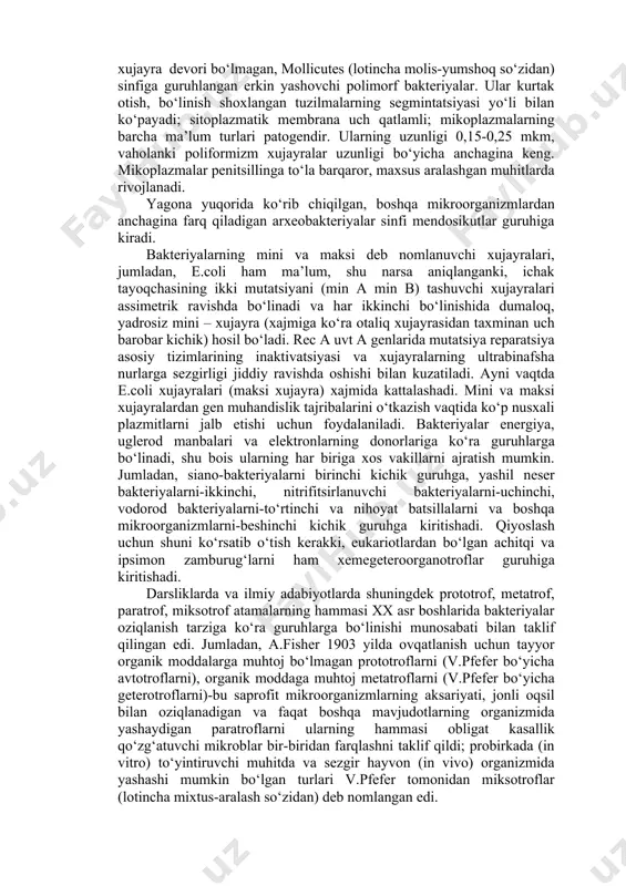 acilis-sarvqomat, nozik, firmus-mustahkam, tener-sezgir, nozik, cutis-teri) bo‘limlariga tegishligi ma’lum bo‘ldi. gratsilikutlar grammanfiy bakteriyalarni ikki qatlamli xujayra devori bilan birlashtiradi (odatda ular xujayra devorining sirtqi qatlamida fosfolipid membranaga ega bo‘ladi). ular xujayralarining shakli har xil shar shaklidan tayoqcha shaklgacha, to‘g‘ri shakldan egri-bugri (qing‘ir) shaklgacha bo‘ladi; ular harakatchan yoki harakatsiz bo‘ladi; endosporalarni hosil qilmaydi, bo‘linish yo‘li bilan (ba’zilari kurtaklanish yo‘li bilan) ko‘payadi; aksariyati pilyalarga (soch tolalari yoki fimbriyalarga) ega. ovqatlanish tarziga ko‘ra fototroflar (shu jumladan sianobakteriyalar) va xemotroflar; nafas olishiga ko‘ra – aeroblar, anaeroblar, fakultativ anaeroblar; patogenligi bo‘yicha saprofitlar va parazitlar gratsilikutlar sirasiga kiradi. ko‘p qatlamli murein qobig‘li mikroorganizmlar firmikutlar sirasiga kiradi. ularning hammasi grammusbat, sporalar hosil qiluvchi yoki sporalar hosil qilmaydigan; aktinomitsetlar va ular bilan turdosh bakteriyalar ham shular qatoriga kiradi. xujayralarining shakli har xil – dumaloq, tayoqchasimon, shoxlanuvchi, ipsimon, shoxlanmaydigan. oziqlanish tarziga ko‘ra – aksariyati xemogeterotroflar, nafas olish tarziga ko‘ra – aeroblar, anaeroblar va mikroaerofillar, patogenlar va saprofitlar. mikoplazmalar va …
