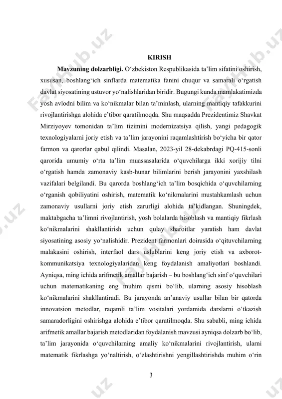 b chiqish ham asosiy maqsad hisoblanadi. kurs ishining vazifalari: · ming ichida arifmetik amallar bajarish metodlarini o‘rganish. · ushbu metodlarning ta’lim jarayonidagi ahamiyatini tahlil qilish. · zamonaviy pedagogik texnologiyalarni qo‘llash imkoniyatlarini aniqlash. · o‘quvchilarning arifmetik ko‘nikmalarini rivojlantirish yo‘llarini taklif qilish. kurs ishining predmeti. boshlang‘ich sinflarda ming ichida arifmetik amallarni bajarish metodlari hamda ularning ta’lim jarayonida qo‘llanilishi. kurs ishining obyekti. boshlang‘ich sinf o‘quvchilarining ming ichida masalalarni yechish jarayoni va unga ta’sir ko‘rsatadigan pedagogik metodlar. kurs ishining tuzilishi. kirish, 2 bob, xulosa va foydalanilgan adabiyotlardan tashkil topgan. i.bob. boshlang‘ich sinflarda ming ichida arifmetik amallarni o’rgatish metodikasi 1.1. arifmetik amallarni o’rgatishda metodik yondashuvlar arifmetik amallarni o‘rgatishda metodik yondashuvlar ta’lim jarayonining samaradorligini oshirish uchun eng muhim omillardan biridir. har bir o‘quvchining yoshiga, bilim darajasiga, qobiliyatiga mos keladigan, ularning qiziqishlarini hisobga olgan yondashuvlar orqali matematika fani yaxshiroq o‘zlashtiriladi. boshlang‘ich sinflarda o‘quvchilarga ming ichidagi sonlar bilan arifmetik amallarni o‘rgatish jarayonida metodik yondashuvlarning to‘g‘ri tanlanishi ayniqsa muhimdir. …