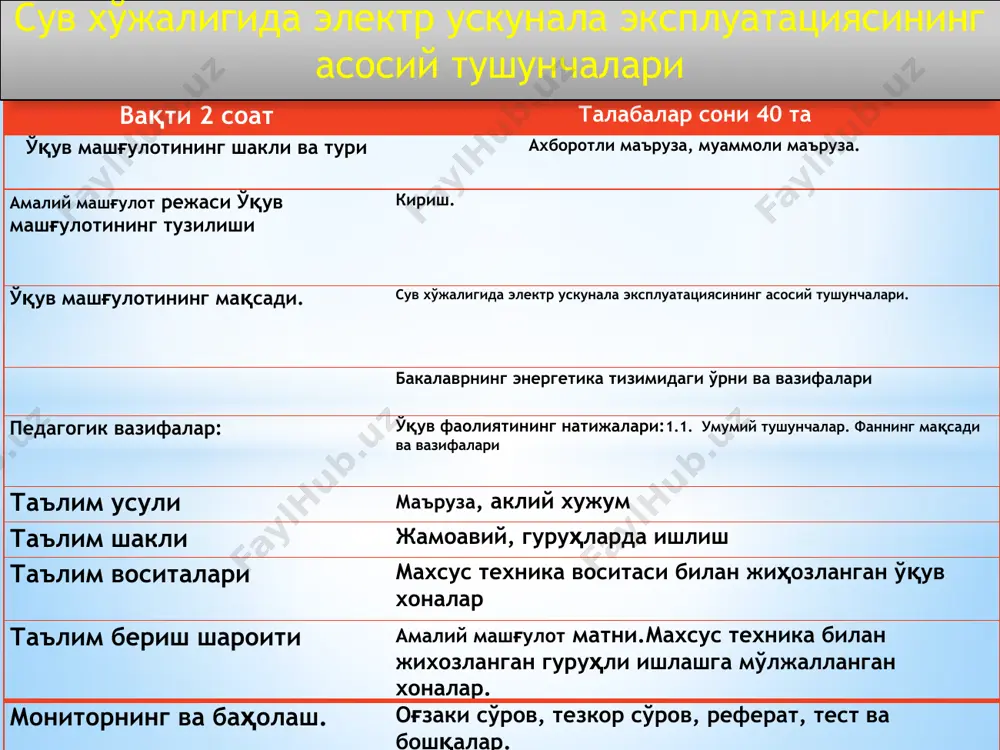 электр энергияси билан таъминлаш учун автоматлаштирилган ишончли электр таъминот тизими ишлаб чиқилган. ишлаб чиқариш унумдорлигини ва самарадорлигини таъминлаш учун электр ускуналарга сифатли электротехник хизмат кўрсатишни ташкил этиш зарур. ҳозирги кунда қишлоқ ва сув хўжалиги электр ускуналари, автоматлаштириш воситалари ва электр таъминот тизимининг ишончлилиги талаб даражасида эмас. электр энергетик тизим, жумладан электр ускуналар узлуксиз, технологик талаб режимлари бўйича ишлаб туриши учун электр ускуналар эксплуатацияси ва таъмирини тўғри ташкил қилиш, эскирган электр жиҳозларни таъмирлаб, янгиларига алмаштириш, ходимларни мунтазам равишда малакасини ошириш ва билимларини текшириб туриш зарур. қишлоқ ва сув хўжалигида электр ускуналар қувватидан фойдаланиш даражаси етарли эмас. электр ускуналар оптимал юкланмаслиги уларнинг энергетик кўрсаткичларини паст бўлаётганлигига олиб келади. электр ускуналарнинг эксплуатацион ишончлилигини ошириш учун мунтазам равишда уларни диагностика қилиб, профилактик техник қаров ва таъмир тадбирларини ўтказиб туриш зарур. техник қаров ва таъмир ишларига кетган ҳаражатлар янги электр ускуна нархидан 10…100 марта кам бўлиб, ўз ҳаражатларини қисқа вақтда қоплайди. электр ускуналарнинг узлуксиз ва …