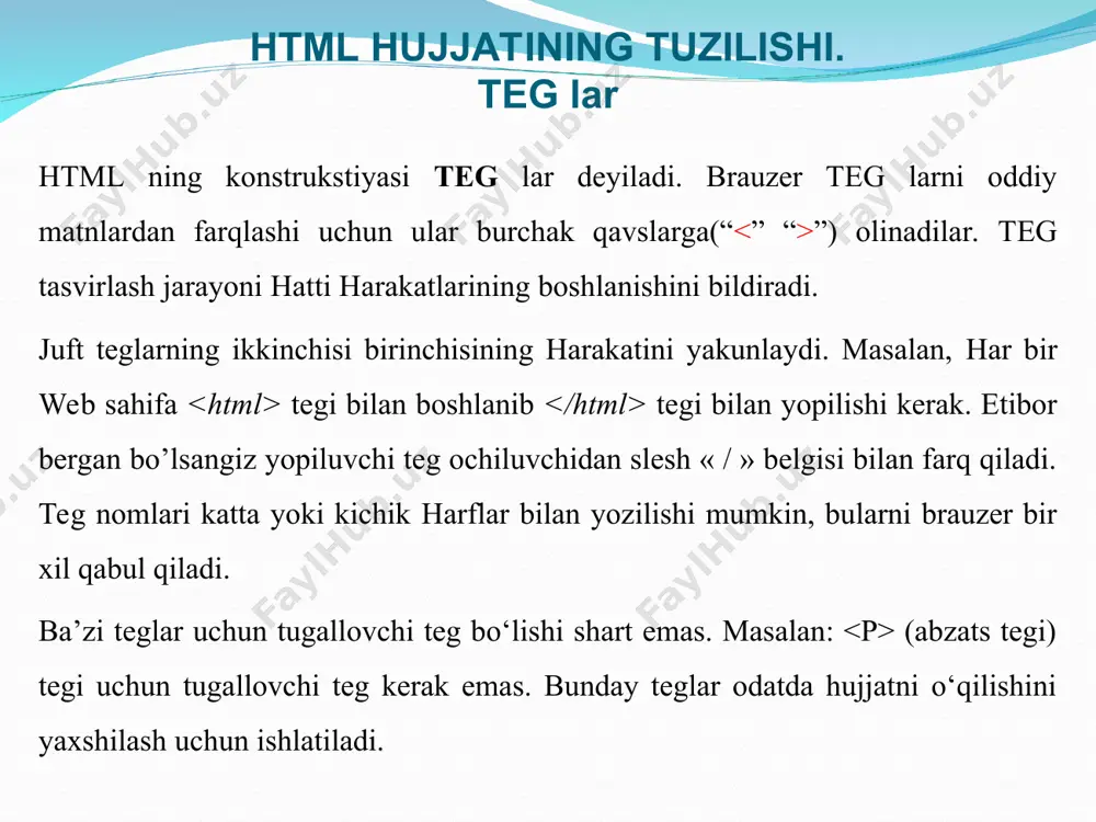 maruza html tiliga kirish, uning asosiy elementlari. teg tushunchasi. html tilida jadvallar hosil qilish. - Page 4