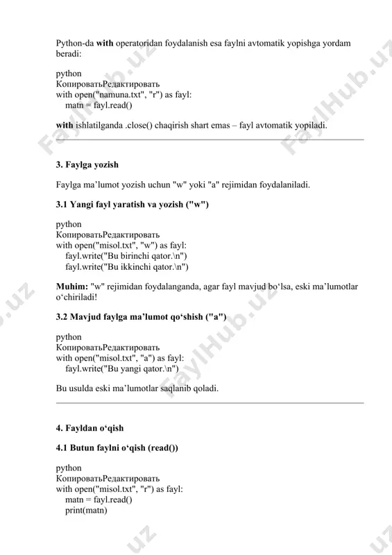 pen("misol.txt", "a") as fayl: fayl.write("bu yangi qator.\n") bu usulda eski ma’lumotlar saqlanib qoladi. 4. fayldan o‘qish 4.1 butun faylni o‘qish (read()) python копироватьредактировать with open("misol.txt", "r") as fayl: matn = fayl.read() print(matn) 4.2 fayldan bitta qatorni o‘qish (readline()) python копироватьредактировать with open("misol.txt", "r") as fayl: qator = fayl.readline() print(qator) 4.3 fayldagi barcha qatorlarni o‘qish (readlines()) python копироватьредактировать with open("misol.txt", "r") as fayl: qatorlar = fayl.readlines() print(qatorlar) bu usul har bir qatorni ro‘yxat (list) shaklida qaytaradi. 4.4 faylni qatorma-qator o‘qish (for sikli) python копироватьредактировать with open("misol.txt", "r") as fayl: for qator in fayl: print(qator, end="") bu usul xotirani samarali ishlatish uchun tavsiya etiladi. 5. binary fayllar bilan ishlash binary rejimda rasmlar, audio va video fayllar bilan ishlash mumkin. 5.1 binary faylni o‘qish python копироватьредактировать with open("rasm.jpg", "rb") as fayl: ma’lumot = fayl.read() 5.2 binary faylni yozish python копироватьредактировать with open("yangi_rasm.jpg", "wb") as fayl: fayl.write(ma’lumot) 6. csv fayllar bilan ishlash csv (comma-separated …