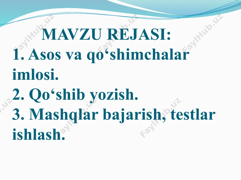 o‘shib aytiladi va shunday yoziladi: unda, bunday, shunda, o‘shancha kabi; bu olmoshlarga egalik qo‘shimchalar quyidagicha qo‘shiladi: buningiz, o‘shanisi kabi; men, sen kabi olmoshlarga -ni, -ning qo‘shimchalari qo‘shimchalari qo‘shilsa, bitta n tushib qoladi va shunday yoziladi: meni, mening, meniki; seni, sening, seniki kabi. o, o‘, u, e unlilari bilan tugaydidan so‘zlarga egalik qo‘shimchalari quyidagicha qo‘shiladi: a) ko‘pchilik so‘zlarga egalik qo‘shimchalari -m, -ng, -si, -miz, -ngiz, -si (yoki –lari) shaklida tovush orttirmay qo‘shiladi: bobom, bobong, bobosi; bobomiz, bobongiz, bobosi(yoki bobolari); orzum, orzung, orzusi; orzumiz, orzungiz, orzusi kabi; b) parvo, mavqe, mavzu, avzo so‘zlariga i, ii shaxs egalik qo‘shimchalari qo`shilganda bir y tovushi qo‘shib aytiladi va shunday yoziladi: parvoyim, parvoying; parvoyimiz, parvoyingiz; obro‘yim; obro`ying;obro`yimiz, obro`yingiz kabi; iii shaxs egalik qo‘shimchasi parvo, avzo, obro‘, mavqe so‘zlariga esa -yi shaklida, xudo, mavzu so`zlariga esa -si shaklida qo‘shiladi: avzoyi, mavzusi kabi (dohiy kabi y undoshi bilan tugagan so‘zga ham iii shaxsda -si qo‘shiladi: dohiysi kabi); quyidagi …