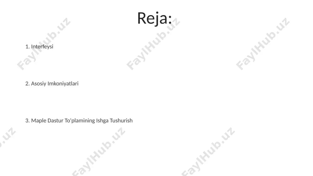 ma'lumotlar vizualizatsiyasi uchun 15 xil grafik va jadval variantlarini taklif qiladi, bu esa ma'lumotlarni oson va aniq talqin qilishga yordam beradi. hisob-kitoblarni bajarish hisob-kitoblarning natijalari turli formatlarda, jumladan, raqamli, ramziy va grafik formatlarda taqdim etiladi, bu esa natijalarni tahlil qilishni osonlashtiradi va vizualizatsiyani yaxshilaydi. matritsalar bilan ishlashda maple yuqori samaradorlikni ta'minlaydi, 100x100 o'lchamli matritsalar ustida operatsiyalarni soniyalar ichida bajaradi va natijalarni aniq ko'rsatadi. grafiklarni yaratish murakkab matematik ifodalarni grafik shaklida tasvirlashda aniqlikni ta'minlash uchun maple yuqori aniqlikdagi, 1024x768 pikseldan yuqori rezolyutsiyali grafiklarni yarata oladi. maple interfeysi foydalanuvchilarga grafiklarni eksport qilish imkoniyatini beradi; jpeg, png va pdf kabi 3 turdagi fayl formatlarida saqlash mumkin. maple dastur to'plamini ishga tushirish maple dastur to'plamini ishga tushirish uchun ikkita asosiy usul mavjud: 1) ikkilamchi faylni (`.exe` yoki `.app`) ikki marta bosish orqali yoki 2) terminal orqali `maple` buyrug'ini yozish orqali, bu esa 100 dan ortiq parametrlarni qo'llab-quvvatlaydi. maple interfeysi grafik va matnli rejimlarni taklif …