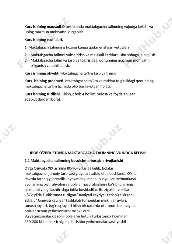 i maktabgacha ta’lim tarbiya tizimi. kurs ishining predmeti. maktabgacha ta’lim va tarbiya to’g’risidagi qonunning maktabgacha ta’lim tizimida olib borilayotgan holati. kurs ishining tuzilishi. kirish,2 bob 4 bo’lim, xulosa va foydalanilgan adabiyotlardan iborat. ibob o’zbekistonda maktabgacha talimning vujudga kelishi 1.1 maktabgacha talimning bosqichma-bosqich rivojlanishi o‘rta osiyoda xix asrning 80-90- yillariga kelib, bolalar maktabgacha ijtimoiy tarbiyasi g‘oyalari tatbiq etila boshlandi. o‘sha davrda taraqqiyparvarlik kayfiyatidagi mahalliy ziyolilar mehnatkash ayollarning og‘ir ahvolini va bolalar nazoratsizligini ko‘rib, ularning qismatini yengillashtirishga intila boshladilar. bu ziyolilar vakillari 1872-yilda turkistonda tuzilgan “jamiyati xayriya” tarkibiga kirgan edilar. “jamiyati xayriya” tashkiloti tomonidan miskinlar uylari, tunash joylari, tug‘ruq joylari bilan bir qatorda ota-onasi bo‘lmagan bolalar uchun yetimxonlarni tashkil etdi. bu yetimxonalar oz sonli bolalarni butun turkistonda taxminan 150-200 kishini o‘z ichiga oldi. ushbu yetimxonalar yasli yoshli bolalardan tortib, maktab yoshidagi bolalarni ham qamrab olgan. 1896- yilda turkistonda vositalar kengashi kambag‘allarning bolalari uchun “yasli”lar deb ataladigan muassasalarni tuza boshladi. yaslilarga atak-chechak qila …
