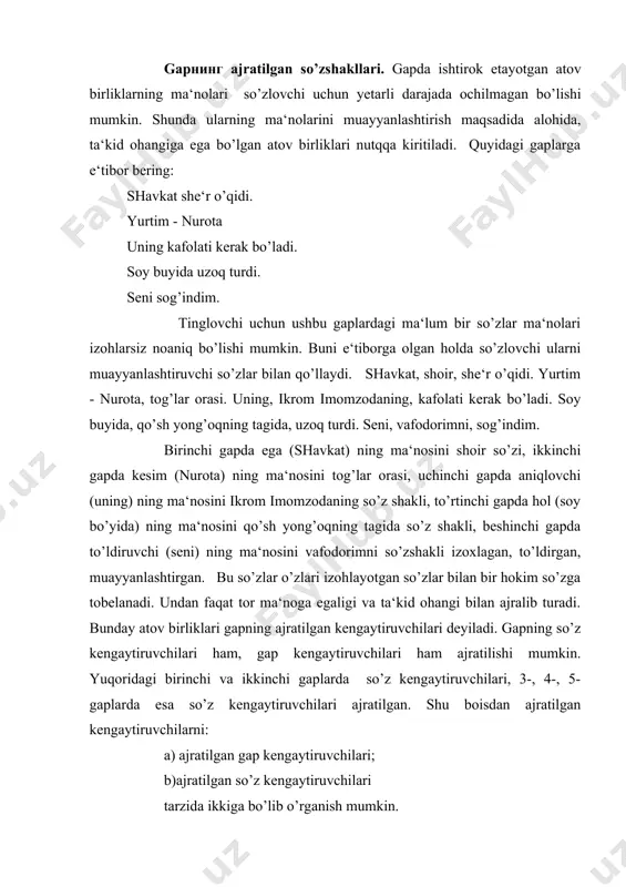 rzida ikkiga bo’lib o’rganish mumkin. gapning ajratilgan kengaytiruvchilari bilan ajratilgan bo’laklar muqobil atamalar emas. chunki ajratilgan bo’laklar deganda gap konstruktiv bo’laklarining ajratilishi tushuniladi. ajratilgan kengaytiruvchilar atamasi esa bo’lak mavqeiga ega bo’lmagan atov birliklarini ham o’z ichiga qamrab oladi. masalan, men seni, vafodorimni, sog’inganimni ayta olmayman gapida vafodorimni so’z shakli ajratilgan kengaytiruvchi, lekin gap bo’lagi emas. gapning ajratilgan kengaytiruvchilarining gap struktur sxemasiga munosabati ular izoxlayotgan atov birliklariniki kabidir. ajratilgan kengaytiruvchilar ajralmish (muayyanlashtirilayotgan) atov birliklarining «soyalari» bo’lganligi bois ular bilan bir butun holda bevosita yoki bilvosita gap struktur qolipiga daxldor bo’ladi ajratilgan kengaytiruvchilar muayyanlashtirilayotgan bo’lakning «soyasi» bo’lganligi bois, sof nutqiy hodisadir. shu boisdan uning mavjudligi va o’ziga xosligi sof nutqiy omil - ohang bilan ham bog’liqdir. o’ziga xos ohangdan mahrum qilinsa, u boshqa nutqiy hodisa​ - undalmaga monand bo’lib qoladi. masalan, erkin, ukam, injener bo’ldi gapida ukam atov birligi ajratilgan kengaytiruvchiga xos ohangdan mahrum etilsa (ukam birligidan keyin ajratish pauzasi qo’llansa), u …