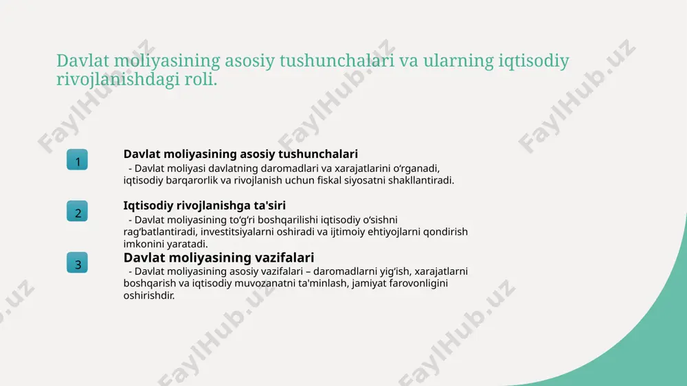 ‘nalishlari - o‘zbekistonning moliyaviy strategiyalari iqtisodiy rivojlanishni ta'minlash, ichki va tashqi moliyaviy resurslarni samarali boshqarishga qaratilgan. 2 soliq va budjet siyosati - soliq va byudjet siyosati davlat daromadlarini oshirish, iqtisodiy barqarorlik va ijtimoiy loyihalarni moliyalashtirish uchun muhim rol o‘ynaydi. 3 xalqaro moliyaviy hamkorlik - xalqaro moliyaviy institutlar bilan hamkorlik, kreditlar va grantlar orqali iqtisodiy rivojlanishni qo‘llab-quvvatlab, moliyaviy barqarorlikni mustahkamlaydi. 4 yangi texnologiya va innovatsiyalar - moliya sohasida yangi texnologiyalar va innovatsiyalarni joriy etish orqali, davlat boshqaruvi samaradorligini oshirish va iqtisodiy o‘sishni ta'minlash mumkin. o'zbekistonning moliyaviy strategiyalarining asosiy yo'nalishlari va maqsadlari 1 rivojlanish maqsadlari o'zbekistonning moliyaviy strategiyalari iqtisodiy barqarorlik va uzoq muddatli rivojlanishni ta'minlashga qaratilgan. investitsiyalarni jalb qilish va ishlab chiqarishni kengaytirish asosiy yo'nalishdir. 2 soliq va byudjet siyosati soliq tizimini takomillashtirish va byudjetni shaffof boshqarish orqali davlat daromadlarini oshirish, iqtisodiyotni rag'batlantirish va ijtimoiy muhofazani ta'minlash muhim vazifa hisoblanadi. 3 xalqaro hamkorlik va innovatsiyalar xalqaro moliyaviy institutlar bilan hamkorlikni rivojlantirish va …