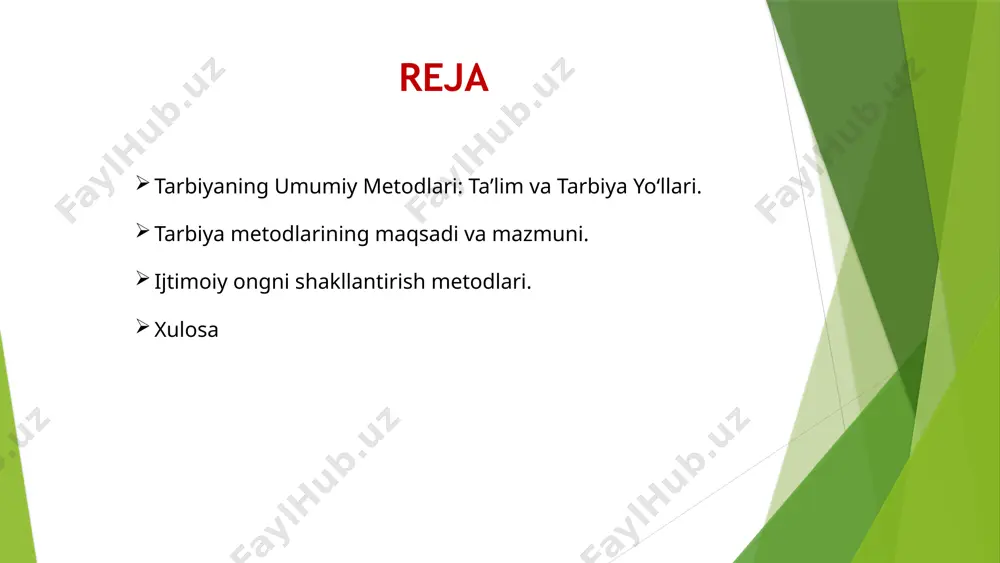 yordam beradigan metoddir. bu metod doimo oʻzgarishi va yangilanishi mumkin. 5 tarbiya metodlarining tasnifi tarbiyaning turli xil metodlari mavjud boʻlib, ularni shartli ravishda bir necha guruhga ajratish mumkin. ushbu metodlar tarbiyalanuvchilarning rivojlanishi va shakllanishi uchun kompleks yondashuvni taʼminlaydi. tushuntirish hikoya qilish, oʻrgatish, misollar keltirish orqali tushuncha va bilimlarni yetkazish. namuna koʻrsatish maslahat berish, oʻrnak boʻlish, xato qilganda uzr soʻrash orqali shaxsiy misol boʻlish. nasihat qilish undash, koʻndirish, iltimos qilish, duo qilish kabi maʼnaviy yoʻl-yoʻriqlar berish. ragʻbatlantirish va jazolash yaxshi ishlarni taqdirlash va notoʻgʻri harakatlar uchun tanbeh berish, zarur holatda jazolash. 6 ijtimoiy ongni shakllantirish metodlari ijtimoiy ongni shakllantirish shaxsning jamiyatda faol ishtirok etishi, ijtimoiy qadriyatlarni oʻzlashtirishi va masʼuliyatni his etishi uchun muhimdir. bu jarayonda quyidagi metodlar qoʻllaniladi: jamoaga uyushtirish tarbiyalanuvchilarni jamoaviy faoliyatga jalb etish, birgalikda maqsadlarga erishishga oʻrgatish. bu ularning ijtimoiy koʻnikmalarini rivojlantiradi. hamkorlikni rivojlantirish birgalikda ishlash, fikr almashish, muammolarni birgalikda hal qilish orqali hamkorlik tuygʻusini kuchaytirish. ijtimoiy masʼuliyat jamiyat …