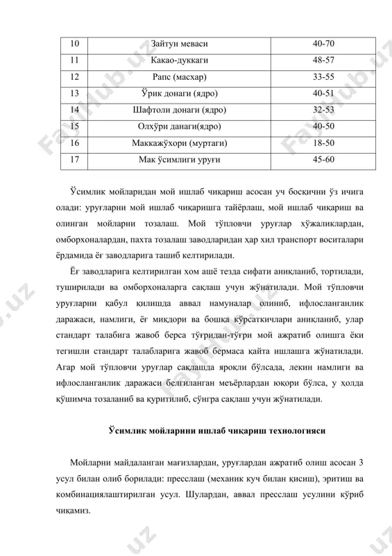 ш кичик босимда олиб борилса, шнек аппаратларида пресслаш катта босимда олиб борилади. бу эса албатта ишлаб чиқарилаётган мойнинг сифатига таъсир кўрсатади. прессларда сиқиб чиқарилган мойлар махсус идишларда тўпланиб, тозалаш учун юборилади. пресслаш усулининг камчилиги шундан иборатки, бу усул билан уруғ таркибидаги мойнинг фақатгина 80-85 фоизинигина чиқариб олиш мумкин. демак, кунжарада 15-20 фоизгача мой қолиб кетади. шу сабабли, бу усул билан мой ишлаб чиқаришнинг самарадорлиги унча юқори эмас. яна шуни ҳам қайд қилиш лозимки, бу усул билан ишлаб чиқарилган мойларнинг сифати эритиш усули билан ишлаб чиқарилган мойларнинг сифатидан бир мунча юқори бўлади. мой ишлаб чиқаришнинг эритиш (экстракция усули). мой ишлаб чиқаришнинг физик-кимёвий усулларидан амалиётда экстракция усули кўпроқ қўлланилади. бунинг асосий сабаби шундан иборатки, мой ишлаб чиқаришда мавжуд бўлган усуллар орасида экстракция усули уруғдаги мойларнинг қарийиб ҳаммасини ажратиб олишни таъминлайди. эритиш (экстрация) усулининг моҳияти мойларнинг органик эритувчиларда яхши эришига асослангандир. экстракция усулида мой ажратиб олишда ҳам хом ашёга маълум даражада иссиқ ҳарорат …