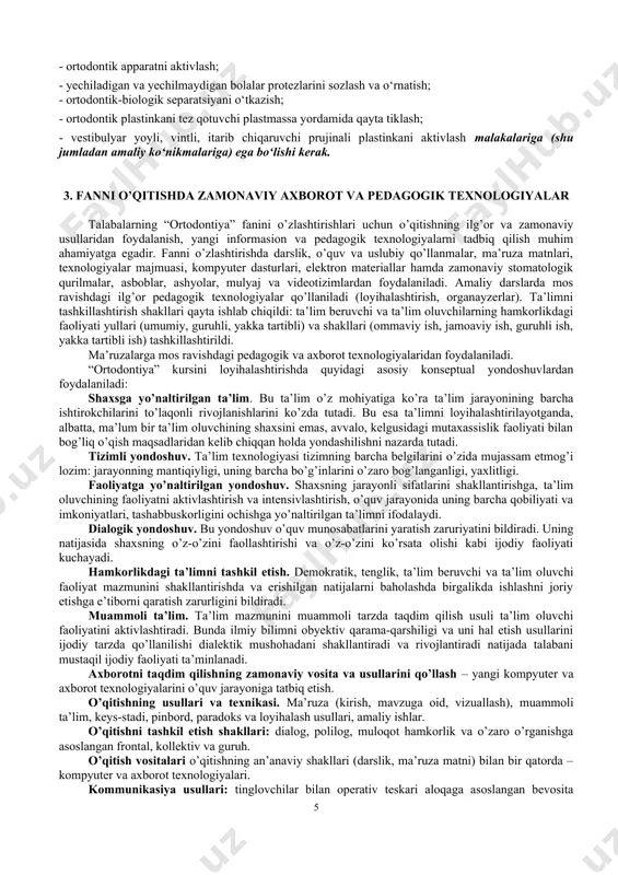 chiqildi: ta’lim beruvchi va ta’lim oluvchilarning hamkorlikdagi faoliyati yullari (umumiy, guruhli, yakka tartibli) va shakllari (ommaviy ish, jamoaviy ish, guruhli ish, yakka tartibli ish) tashkillashtirildi. ma’ruzalarga mos ravishdagi pedagogik va axborot texnologiyalaridan foydalaniladi. “ortodontiya” kursini loyihalashtirishda quyidagi asosiy konseptual yondoshuvlardan foydalaniladi: shaxsga yo’naltirilgan ta’lim. bu ta’lim o’z mohiyatiga ko’ra ta’lim jarayonining barcha ishtirokchilarini to’laqonli rivojlanishlarini ko’zda tutadi. bu esa ta’limni loyihalashtirilayotganda, albatta, ma’lum bir ta’lim oluvchining shaxsini emas, avvalo, kelgusidagi mutaxassislik faoliyati bilan bog’liq o’qish maqsadlaridan kelib chiqqan holda yondashilishni nazarda tutadi. tizimli yondoshuv. ta’lim texnologiyasi tizimning barcha belgilarini o’zida mujassam etmog’i lozim: jarayonning mantiqiyligi, uning barcha bo’g’inlarini o’zaro bog’langanligi, yaxlitligi. faoliyatga yo’naltirilgan yondoshuv. shaxsning jarayonli sifatlarini shakllantirishga, ta’lim oluvchining faoliyatni aktivlashtirish va intensivlashtirish, o’quv jarayonida uning barcha qobiliyati va imkoniyatlari, tashabbuskorligini ochishga yo’naltirilgan ta’limni ifodalaydi. dialogik yondoshuv. bu yondoshuv o’quv munosabatlarini yaratish zaruriyatini bildiradi. uning natijasida shaxsning o’z-o’zini faollashtirishi va o’z-o’zini ko’rsata olishi kabi ijodiy faoliyati kuchayadi. hamkorlikdagi ta’limni …