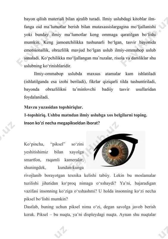 ubning asosiy xususiyatlari haqida nimalarni bilib oldingiz? 3.ilmiy uslubning ommabop uslubdan farqli jihatlari haqida soʻzlab bering.