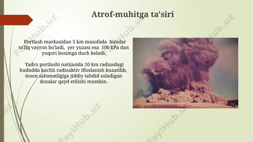 yong'inlarni keltirib chiqaradi. yonuvchi materiallarning yonish zonasining o'lchami portlash quvvatiga va atrof-muhit sharoitlariga (shamol tezligi, namlik) bog'liq bo'lib, o'nlab kvadrat kilometrlarni egallaydi. qutqaruv va tiklash ishlari radiatsiya darajasini pasaytirish uchun 30 km radiusdagi hudud dezaktivatsiya qilinib, 15000 tonnadan ortiq zararlangan er va materiallar chiqarib tashlandi. qutqaruv va tiklash ishlariga 1000 dan ortiq mutaxassis, 50 dan ziyod texnika va 20 ta tez tibbiy yordam brigadasi jalb etildi. e'tiboringiz uchun rahmat @taqdimot_robot image1.jpg image2.jpg image3.jpg image4.jpg image5.jpg image6.jpg image7.jpg image8.jpg image9.jpg image10.jpg image11.jpg image12.jpg
