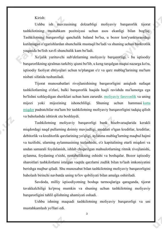 lilning ustuvor yo'nalishlaridan biri hisoblanadi, chunki uning vazifasi korxona barqarorligini bashorat qilishdir va shuning uchun kelajakdagi davrlarda moliyaviy muammolarning yo'qligi uchun zaruriy shart bo'ladi. moliyaviy barqarorlikni samarali boshqarish uchun uning eng to'g'ri va to'liq kontseptsiyasini aniqlash kerak. moliyaviy barqarorlikning ta'rifi tashkilot faoliyatining noaniq xarakteristikasi bo'lganligi sababli, mahalliy iqtisodiy adabiyotlarda moliyaviy barqarorlikning ko'plab ta'riflari mavjud. "moliyaviy barqarorlik - bu tashkilotning moliyaviy holatini baholashning eng muhim xususiyatlaridan biri", - artemenko v.g. va ostapova v.v. . akademik g.b. polyak "tashkilotning moliyaviy barqarorligi tashqi tomondan uning to'lov qobiliyati orqali namoyon bo'ladi" deb hisoblaydi. xuddi shunday nuqtai nazarni bir guruh mualliflar (vg kogdenko, ad sheremet, r.s.saifulin va e.v.negashev) ham qo'llab-quvvatlaydi, ularning ta'rifida moliyaviy barqarorlikning mohiyati aylanma mablag'larni uzoq muddatli shakllanish manbalari bilan ta'minlashdan iborat. , va to'lov qobiliyati va likvidligi uning tashqi ko'rinishidir. xususan, sheremet a.d.ning fikri. quyidagicha yangradi: "tashkilotning moliyaviy holati mablag'larni (aktivlarni) joylashtirish va ulardan foydalanish va ularni shakllantirish manbalari (majburiyatlari) bilan tavsiflanadi". …
