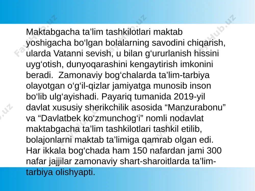 . qurish-yasash, konstruksiyalash va matematika markazi. (qurish yasash va matematika mashg‘ulotlari) 3. san’at markazi (rasm, applikatsiya, loy qurish, yasash mashg‘ulotlari va origami) 4. syujetli-rolli o‘yinlar va dramalashtirilgan markaz. (guruh yoshiga mos bo‘lgan syujetli qoidali o‘yinlar) 5. ilm-fan va tabiat markazi. (tabiat, atrofi olam bilan tanishtirish mashg‘ulotlari image1.jpeg