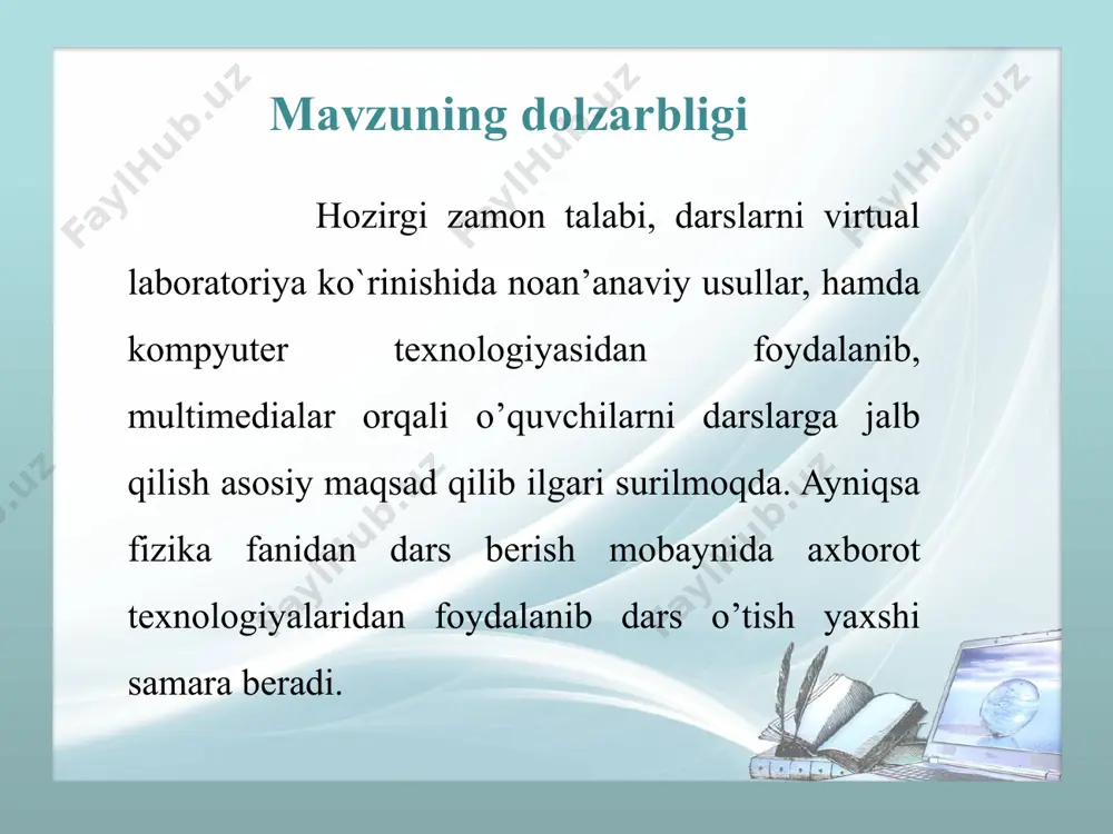 asturdan foydalanib tashkil etish mumkin. i bob. “fizika” fanini o‘qitishning nazariy asoslari 1. “fizika” fanini o‘qitishdagi qarorlar va halqaro tajribalar tahlili 2. “fizika” fanidan laboratoriya mashg‘uloti uchun qo‘yilgan talablar 3. multimediani ta'limda qo‘llashning samaradorligi i i bob. adobe flash dasturida “fizika” fanidan laboratoriya mashg‘uloti uchun “tarozida jismning massasini o‘lchash”ni elektron resursini ishlab chiqish 2. adobe flash dasturida “fizika” fanidan laboratoriya mashg‘uloti uchun “tarozida jismning massasini o‘lchash”ni elektron resursini yaratish bosqichlari 3. dasturga qo‘yiladigan dasturiy va texnik talablar 1. adobe flash dasturi va uning imkoniyatlari dasturning dastlabki ko`rinishi ranglar bo`limi tarozida o`lchash iii bob. “fizika” fanidan laboratoriya mashg‘uloti uchun “tarozida jismning massasini o‘lchash”ni elektron resursining amaliy ahamiyati xuddi shunday amaliyotni biz o`zimiz amaliyot o`tagan maktab o`quvchilari bilan ham olib borildi. dars o`tish jarayonlari dars o`tish jarayonlari iv bob. hayot faoliyati xavfsizligi va ekologiya 1. mehnatni muhofaza qilinishini ta'minlash 2. . shovqindan ximoyalanish vositalari va usullari 3. tabitdagi antropogen o‘zgarishlar, antropogen o‘zgarishlarni …