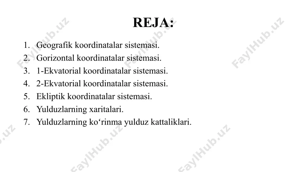 sh (-900≤ δ ≤+900) = α - toʻgʻri chiqish (0h≤ α ≤24h) yoki (00≤ α ≤3600) ekliptik koordinatalar sistemasi asosiy aylana: ekliptika aylanasi asosiy nuqta: bahorgi teng kunlik nuqtasi пп'- ekliptika oʻqi = λ - ekliptik uzunlama (00≤ λ ≤3600) =β - ekliptik kenglama (-900≤β≤+900) yulduzlarning xaritalari ham geografik xaritalar kabi koʻpincha yulduzlarning tekislikdagi proyeksiyasi koʻrinishida ishlanadi. bunday xaritalarda yulduzlarning α - toʻgʻri chiqish va δ - ogʻish yoylari oʻzaro perpendikular koordinata oʻqlarida aks ettirilgan. masalan: xaritada keltirilgan orion yulduz turkumining β yulduzining koordinatalarini topamiz. dastlab yulduzlar xaritasidan orion yulduz turkumining β yulduzini qidirib topamiz. keyin chizgʻich yordamida yoki oddiy koʻz bilan taxminiy koordinatalari aniqlab olamiz. xaritada yoritgichlarning toʻgʻri chiqishi soatlarda, ogʻishi esa graduslarda. orion yulduz turkumining β yulduzining taxminiy koordinatalari: α ≈ 5h16m, δ ≈ -8°10' xarita keyingi slaydda yulduzlar koinotning nisbatan keng tarqalgan obyektlaridan hisoblanadi. shu bois, ularning fizik tabiatini oʻrganish astronomiyada muhim masalalardan sanaladi. yulduzlarning koʻrinma ravshanliklarini …