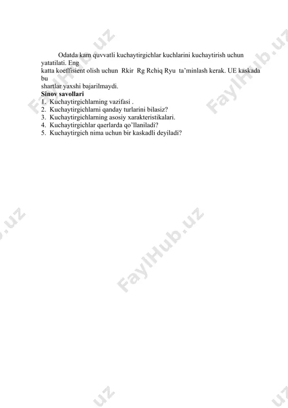 larning asosiy xarakteristikalari. 4. kuchaytirgichlar qaerlarda qo’llaniladi? 5. kuchaytirgich nima uchun bir kaskadli deyiladi? image1.png image2.png image3.png image4.png image5.png