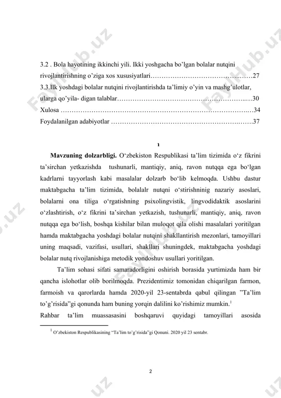 o‘rgatishning psixolingvistik, lingvodidaktik asoslarini o‘zlashtirish, o‘z fikrini ta’sirchan yetkazish, tushunarli, mantiqiy, aniq, ravon nutqqa ega bo‘lish, boshqa kishilar bilan muloqot qila olishi masalalari yoritilgan hamda maktabgacha yoshdagi bolalar nutqini shakllantirish mezonlari, tamoyillari uning maqsadi, vazifasi, usullari, shakllari shuningdek, maktabgacha yoshdagi bolalar nutq rivojlanishiga metodik yondoshuv usullari yoritilgan. ta’lim sohasi sifati samaradorligini oshirish borasida yurtimizda ham bir qancha islohotlar olib borilmoqda. prezidentimiz tomonidan chiqarilgan farmon, farmoish va qarorlarda hamda 2020-yil 23-sentabrda qabul qilingan ”ta’lim to’g’risida”gi qonunda ham buning yorqin dalilini ko’rishimiz mumkin.[footnoteref:1] [1: o’zbekiston respublikasining “ta’lim to’g’risida”gi qonuni. 2020 yil 23 sentabr. ] rahbar ta’lim muassasasini boshqaruvi quyidagi tamoyillari asosida tashkillashtiriladi: -pedagogik tizimni boshqarishda demokratlashtirish va insonparvarlashtirish; - boshqarishning tizimliligi va yagonaligi; -ta’lim tizimini boshqarishda axborotning obyektivligi va to’liqliligi; -yakka hokimlik bilan jamoatchilik boshqaruvining birligi. maktabgacha ta'lim tashkilotini boshqarish ko'p omilli jarayon bo'lib, uning bir qismi tashkiliy tuzilma, ta'lim tashkilotining umumiy madaniyati, rahbarning strategiyasi va taktikasi hisoblanadi. boshqaruv strategiyalarini ishlab chiqishda, …