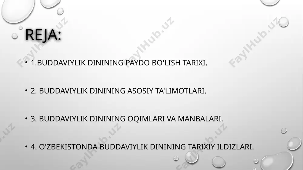 sida qayta tug'ilgan bular: • 84 marta ruhoniy, • 58 marta podshoh, • 24 marta rohib, • 13 marta savdogar, • 18 marta maymun va shuningdek tovuq, fil, g'oz, baliq, qurbaqa, kalamush, quyon kabi qiyofalarda qayta tug'ilgan. • jami 550 marta qayta tug'ilgan. u doimo qayerda, qay qiyofada tug'ilishini o'ziga o'zi belgilagan. buddaviylik ta’limoti: • qadimiy hind diniy - falsafiy ta'limotlari asosida vujudga kelgan, amaliyot va nazariyotdan iborat diniy tizimdir. • uning asosi «hayot - bu azob, uqubatdir» va > (kichkina g’ildirak); > (katta g’ildirak). buddaviylikning tarqalishi:  eramizdan avvalgi 1 ming yillik oxirlarida shri-lankaga va o‘rta osiyoga,  eramizning i asrida xitoyga,  iv asrda koreyaga,  vi asrda yaponiyaga,  vii asrda tibetga,  xiii asrdan xvi asrgacha mongoliyaga,  xvii asrdan xviii asrlargacha buryatiya va tuvaga,  xix-xx asrlarda amerika va yevropa qit'alariga buddaviylik kirib borgan. buddaviylik manbalari:  tripitaka (yoki tipitaka) - uch savat ma'nosini anglatadi. …