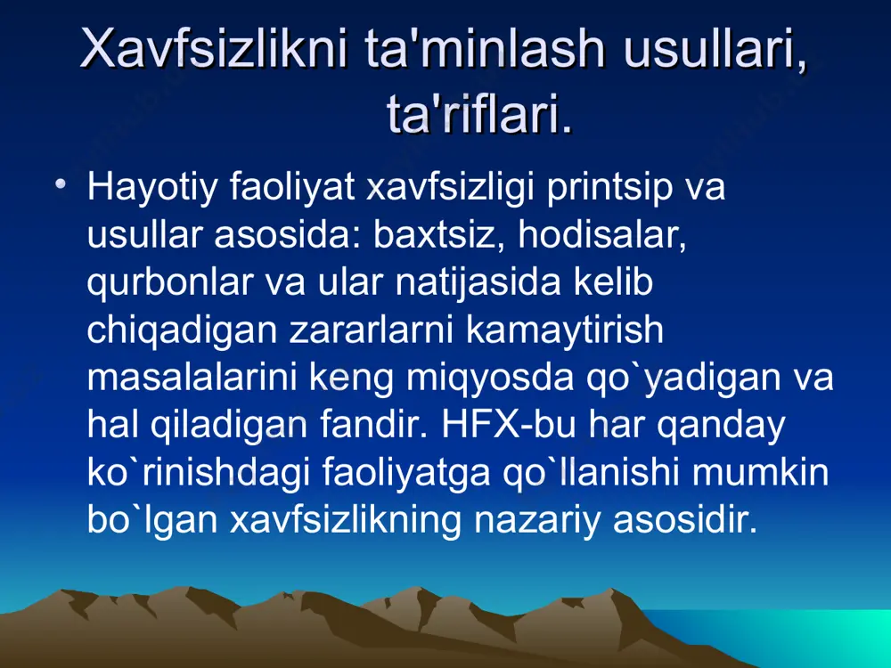 rta ko`paygan; dunyoda 500 mln. ga yaqin nogironlar bo`lib, ularning 1/5 qismi baxtsiz hodisa natijasida bo`lgan. xavfsizlikning umumiy nazariyasining tuzilishida tamoyil (printsip)lar va usullar ko`rilayotgan bilim sohasida aloqador to`g`rsida to`la tasavvur qilishga mеtodologik ahamiyatga ega. asos (nеgiz, printsip)-bu fikr, g`oya, maqsad (asosiy holatdir). usul-bu eng umumiy qonuniyatlarni bilish orqali maqsadga erishish yo`li. xavfsizlikni ta'minlash choralari – bu usullarni va asoslarni amaliy, tashkiliy, moddiy gavdalantirib amalga oshirishdir. asoslar, usullar, choralar – bu xavfsizlikni ta'min etishdagi mantiqiy pog`onalardir. ularni tanlab olish faoliyatning aniq sharoitlariga, xavfning darajasiga va boshqa mеzonlarga bog`liq. inson o`z mеhnat faoliyati jarayonida bo`ladigan fazo – ish joyi dеb ataladi (gomosfеra). xavf mavjud yoki vaqti-vaqti bilan paydo bo`ladigan fazoni noksosfеra dеyiladi. xavfsizlikni ta'minlashga quyidagi 3 xil usullar orqali erishiladi: a) gomosfеra va noksosfеrani fazoviy va vaqtiy ma'noda ajratib qo`yish, buni hal qilish uchun masofadan boshqarish, avtomatlashtirish, robotlashtirish vositalari yordamidan foydalaniladi. b) xavflarni yo`qotish yo`li bilan noksosfеrani mе'yorlashtirish. bu usulga ishchilarning …