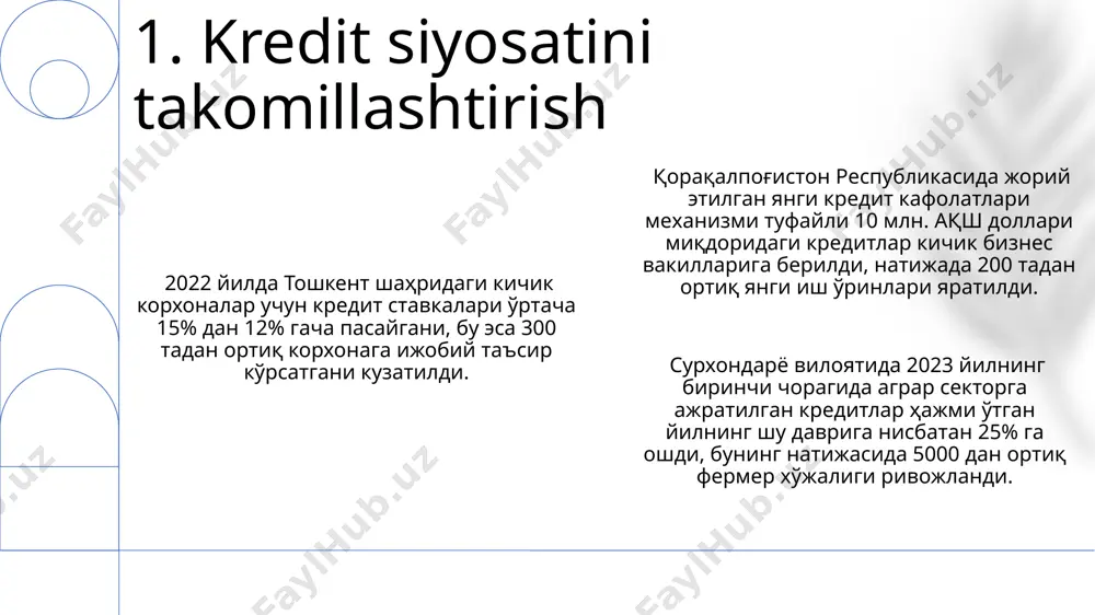идаги маълумотларга асосланади. 2022 йилда тошкент шаҳридаги 5 та тижорат банкининг кредит портфели таҳлили шуни кўрсатдики, кредит сиёсатининг самарадорлиги ўртача 70% ни ташкил этган, бу эса фоиз ставкаларининг ўзгариши ва кредит рисклари билан боғлиқ. сурхондарё вилоятидаги 10 та фермер хўжалигининг кредит тарихини ўрганиш натижалари кредит сиёсатининг самарадорлигининг 85% гача юқорилигини, лекин бунинг учун мунтазам мониторинг ва баҳолаш зарурлигини кўрсатди. 7. kredit siyosatining samaradorligini baholash қорақалпоғистонда 2025 йилгача 300 миллион ақш доллари миқдоридаги инвестициялар кичик ва ўрта бизнес субъектларига йўналтирилган кредит дастурларини молиялаштиришга йўналтирилади, бу иш ўринлари сонининг кўпайишига олиб келиши мумкин. ўзбекистоннинг кредит сиёсатида 2023 йилда фоиз ставкаларининг 15% дан 20% гача ўзгариши тошкентдаги банкларга катта таъсир кўрсатди, бу эса кичик бизнес учун кредит олишни қийинлаштиради. самарқанд вилоятидаги фермерлар учун 5 йиллик муддатга бериладиган кредитлар бўйича 10% ли фоиз ставкаси 2024 йилдан бошлаб 12% гача ошиши режалаштирилган, бу эса ҳосилдорликка таъсир этиши мумкин. 8. kredit siyosati elementlari qashqadaryo viloyatida joylashgan …