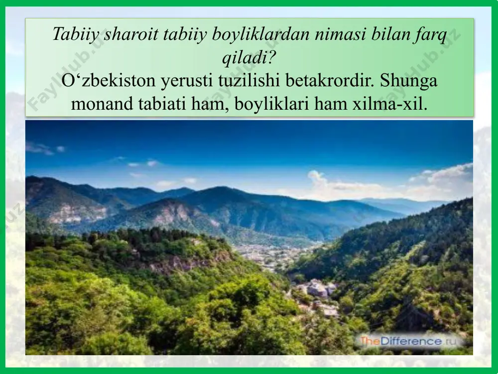 digan boyliklardan oqilona foydalanish kerak. toki kelajak avlod ham bu boyliklardan bahramand bo‘lsin. 16 eng muhim tabiiy boyliklardan yana biri – suv. qishloq xo‘jaligida ko‘p miqdorda suv sarflanadi. 17 sanoat korxonalari uchun ham ko‘p suv talab qilinadi. korxonalar eng katta shaharlar aholisi iste’mol qiladigan suvdan ko‘proq suvni «ichib» qo‘ymoqda. 18 suv – tiklanadigan tabiiy boylikdir. 19 qishloq xo‘jaligida foydalaniladigan unumdor tuproq (yer), 20 aholi ehtiyoji uchun zarur o‘simlik va hayvonot dunyosi (baliq, yovvoyi hayvonlar), 21 inson hayoti uchun zarur bo‘lgan havo ham tugaydigan va tiklanadigan tabiiy boylikka mansubdir. 22 toshkent, farg‘ona, navoiy kabi shaharlar, ayrim sanoat rayonlari hududida havo tarkibidagi kislorod aholi ehtiyojini qondira olmayapti. 23 holbuki, kislorod manbayi bo‘lgan o‘simliklar o‘nlab yillarda tiklanadi. 24 unumdor tuproq esa undan ham sekin tiklanadi. 25 o‘lkamiz hududi qishloq xo‘jalik mahsulotlarini yetishtirish uchun qulay iqlim sharoitiga ega. bu agroiqlim boyligi tugamaydigan tabiiy boylikdir. 26 mamlakatimiz hududi bitmas-tuganmas quyosh energiyasi boyligiga ega. quyosh energiyasi …