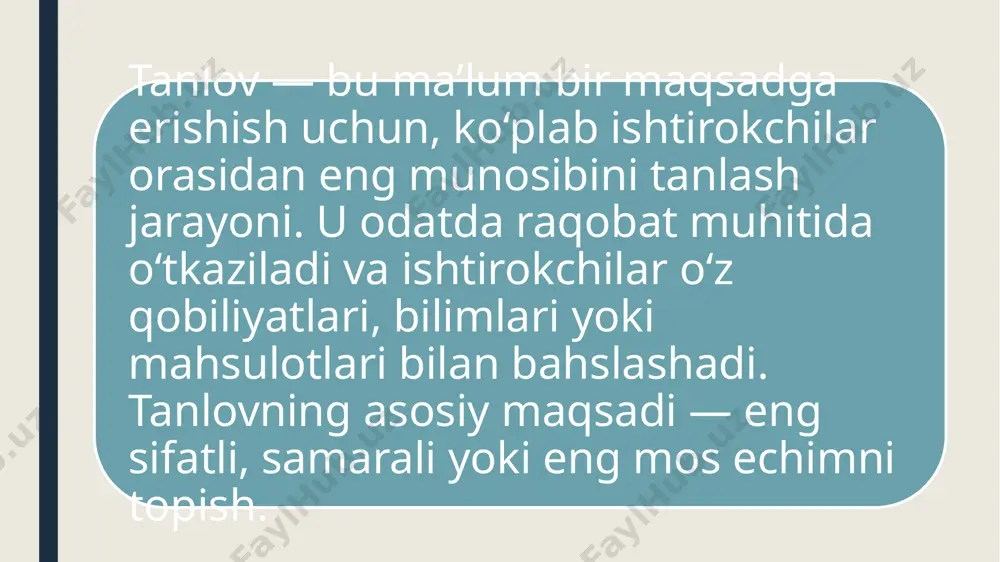 izalarini onlayn topshiradi, hujjatlar raqamli shaklda baholanadi. bu usul qulayligi va tezligi bilan ajralib turadi. o‘tkazish shakli bo‘yicha tanlovlar: shaxsiy ko‘rik, suhbat, test sinovlari, loyihalar taqdimoti kabi shakllar bo‘lishi mumkin. tanlovda baholash va tanlash usullari tanlovda ishtirokchilarni baholash va eng munosibini tanlash uchun quyidagi usullar qo‘llaniladi: baholash mezonlari — oldindan belgilangan va ochiq mezonlar asosida tanlov materiallari baholanadi. bu mezonlar sifat, innovatsionlik, amaliy ahamiyat, narx va boshqa ko‘rsatkichlarni o‘z ichiga olishi mumkin. ball tizimi — har bir mezon bo‘yicha ishtirokchi yoki taklif etilgan loyiha ball oladi. yakuniy natija barcha ballarning yig‘indisi asosida aniqlanadi. ekspert bahosi — malakali ekspertlar yoki komissiya a’zolari tomonidan subyektiv, ammo asoslangan baholash. ko‘pincha ekspert bahosi ball tizimi bilan birga qo‘llanadi. ommaviy ovoz berish — ba’zi tanlovlarda omma fikri yoki foydalanuvchilar ovozi inobatga olinadi. bu usul tanlovni yanada interaktiv va jamoatchilik ishtirokida o‘tkazishga imkon beradi. tanlov jarayonini samarali tashkil etish uchun usullar va texnologiyalar tashkiliy usullar — …