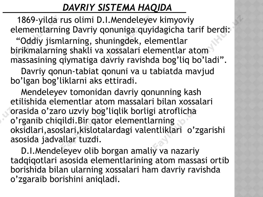 ormal tuzlarning gidrolizi natijasida hosil bo‘ladi: cucl2 + h2o=cu(oh)cl+hcl al2(so4)3+h2o=al(oh)2so4+h2so4 asosli tuzlar olinishi: 3. asoslarga oz miqdorda kislota ta‘sir ettirib gidrokso-tuzlarning olinishi: fe(oh)2+h2so4=fe(oh)so4+2h2o cu(oh)2+h2so4=cu(oh)so4+2h2o 4.kuchsiz va ko’p negizli asoslarga kuchli kislotalar ta’sir ettiriladi va bu reaksiyalarda asoslar mo’l miqdirda olinadi: 2cu(oh)2(mo’l) + h2so4 = (cuoh)2so4 + 2h2o mg(oh)2 + hcl = mgohcl + h2o kompleks tuzlar xossalari: tarkibida kompleks hosil qiluvchi va ligandlar tutgan moddalar kompleks birikmalar deyiladi. eritmada eriganda kompleks kation, anion yoki neytral zarrachalar hosil qiladigan murakkab moddalar kompleks birikmalarga kiradi. m: k3[fe(cn)6], na3[alf6] [ni(nh3)4]so4 va hokazolar. kompleks birikmalarning nomlanishi avval katiоn, va anion aytiladi. ligandlar qaytarilsa grekchadan di(2), tri(3), tetra (4), penta(5), geksa 6) so’zlari ishlatiladi. anion ligandlarning oxiriga o- so’zi qo’shiladi. f- - ftoro, cl- - xloro, br- -bromo,i- -iodo, cn- - siano, so42- -sulfato, s2o32- -tiosulfato, co32-karbonato, ch3coo--asetato,oh- -gidrokso, -o-o- perokso, h—gidrido . neytral ligandlar uchun suv - akva , ammiak - ammin, co- karbonil, …