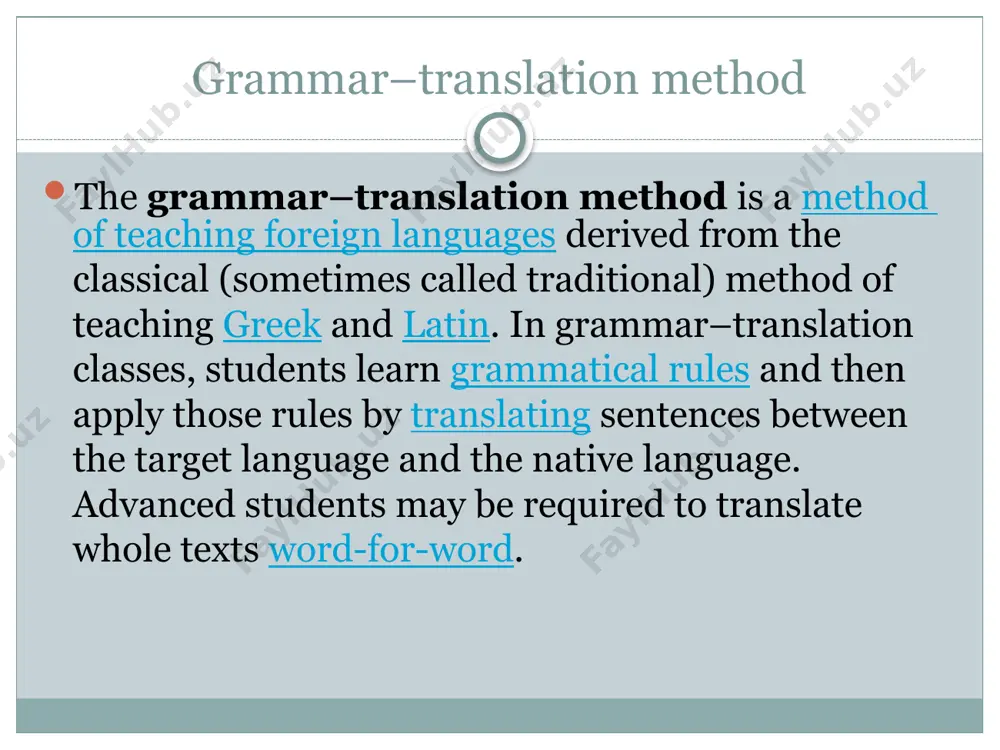 students to study and sentences for them to translate. 7 comparison between gtm and alm 8 references: 1. к.алимова, н.мухаммедова, б.брювертон (2016). becoming a teacher. tashkent. 2.en.wikipedia.org/wiki/grammar translation_method 11 image3.png image4.png image5.png /docprops/thumbnail.jpeg