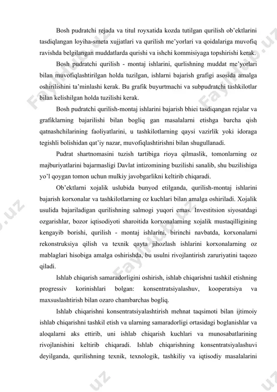 ng oz mablaglari hisobiga amalga oshirishda, bu usulni rivojlantirish zaruriyatini taqozo qiladi. ishlab chiqarish samaradorligini oshirish, ishlab chiqarishni tashkil etishning progressiv korinishlari bolgan: konsentratsiyalashuv, kooperatsiya va maxsuslashtirish bilan ozaro chambarchas bogliq. ishlab chiqarishni konsentratsiyalashtirish mehnat taqsimoti bilan ijtimoiy ishlab chiqarishni tashkil etish va ularning samaradorligi ortasidagi boglanishlar va aloqalarni aks ettirib, uni ishlab chiqarish kuchlari va munosabatlarining rivojlanishini keltirib chiqaradi. ishlab chiqarishning konsentratsiyalashuvi deyilganda, qurilishning texnik, texnologik, tashkiliy va iqtisodiy masalalarini ilmiy-texnika progressi va ilgor tajribalarni joriy etish asosida samarali hal etish va ishlab chiqarish intensivligini oshirish imkoniyatiga ega bolgan yirik qurilish-montaj tashkilotlarida moddiy-texnik va mehnat resurslarining jamlanishi tushuniladi. avtomobil yo’llarini qurish, ta’mirlash va yaroqli holda bolishligini ta’minlashda ishlab chiqarishning konsentratsiyalashganligi korsatkichlari yo’l tashkilotining oz kuchlari bilan bajarayotgan ishlari hajmi, ishlovchilar soni, asosiy ishlab-chiqarish fondlarining qiymati, ishlab-chiqarish fondlarining qiymati, ishlab chiqarish va mehnatning mexanik va energetik jihatdan qurollanganligi kabi korsatkichlarda namoyon boladi. yirik yo’l-qurilish va ta’mirlash qurilish tashkilotlarida ishlab chiqarishni …