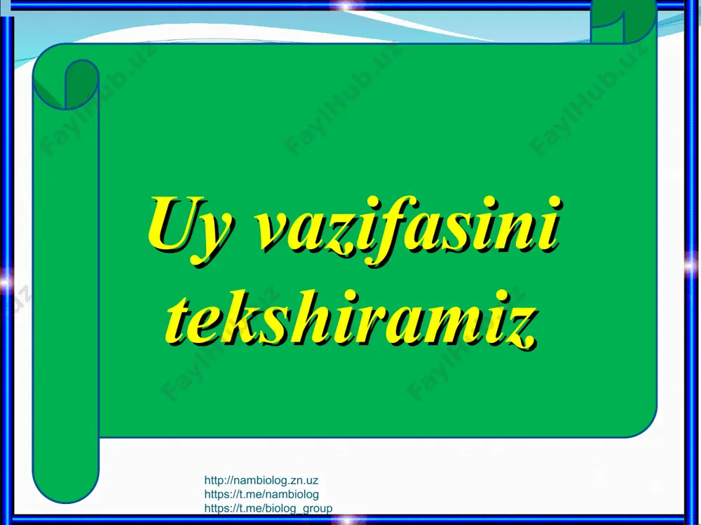 log https://t.me/biolog_group 8 16 64 32 4 5/3 http://nambiolog.zn.uz https://t.me/nambiolog https://t.me/biolog_group http://nambiolog.zn.uz https://t.me/nambiolog https://t.me/biolog_group 16 8 32 4 64 6/4 http://nambiolog.zn.uz https://t.me/nambiolog https://t.me/biolog_group http://nambiolog.zn.uz https://t.me/nambiolog https://t.me/biolog_group 8 4 16 64 32 7/5 http://nambiolog.zn.uz https://t.me/nambiolog https://t.me/biolog_group http://nambiolog.zn.uz https://t.me/nambiolog https://t.me/biolog_group aabbсc aabbccdd aabbcc aabbccddee qo’yidagi genotipli organizmlar qanday gametalar hosil qiladi? http://nambiolog.zn.uz https://t.me/nambiolog https://t.me/biolog_group http://nambiolog.zn.uz https://t.me/nambiolog https://t.me/biolog_group 1-masala pomidor mevasiningyumaloq shakli (a) noksimon shakli (a), qizil rangi (b) sariq rangi (b) ustidan dominantlik qiladi. qo’yidagi genotipli organizmlar qanday gametalar hosil qiladi? aabb b) aabb d) aabb e) aabb f) aabb http://nambiolog.zn.uz https://t.me/nambiolog https://t.me/biolog_group http://nambiolog.zn.uz https://t.me/nambiolog https://t.me/biolog_group yechish: aabb – ab aabb – ab, ab aabb – ab aabb – ab, ab aabb – ab, ab, ab, ab http://nambiolog.zn.uz https://t.me/nambiolog https://t.me/biolog_group http://nambiolog.zn.uz https://t.me/nambiolog https://t.me/biolog_group 2-masala normal eshitadigan, birining sochi to’lqinsimon, ikkinchisiniki silliq bo’lgan ota-onadan 1-farzand kar, silliq sochli bo’lib, 2-farzand normal eshitadigan, to’lqinsimon sochli bo’lib tug’ildi. agar to’lqinsimon soch silliq soch ustidan dominantligi …