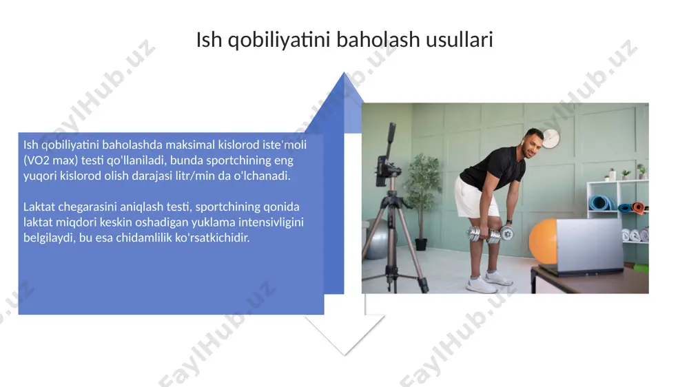 u esa ortiqcha mashq qilishning oldini oladi. tadqiqot metodologiyasi tadqiqot guruhlari faoliyatini tahlil qilishda, kamida 30 nafar sportchidan iborat nazorat va eksperimental guruhlar tashkil etish muhim, bu esa statistik ahamiyatlilikni oshiradi. ish qobiliyatini baholash uchun, wingate anaerob test, maksimal kislorod iste'moli (vo2 max) va laktat darajasi kabi standartlashtirilgan fiziologik o'lchovlar qo'llaniladi. natijalar va muhokama mushaklar tiklanishidagi sezilarli o'zgarishlar massaj roliklardan foydalanganda aniqlandi, bu mushak og'rig'ini kamaytirishga yordam berdi, ammo sport ko'rsatkichlariga ta'siri minimal edi. faol tiklanish usullari, passiv usullarga qaraganda, laktat darajasini tezroq kamaytirishi aniqlandi, bu esa keyingi mashg'ulotlarda sportchining ish qobiliyatini yaxshilashga olib keldi. xulosa va tavsiyalar turli xil tiklash vositalarining sportdagi ish qobiliyatiga ta'sirini baholashda, 1-3 sm gacha bo'lgan mushak og'rig'i kamayishi kutilmoqda. keyinchalik tadqiqotlar uchun muhim yo'nalish aniqlandi. muz terapiyasi (10-15 daqiqa) yallig'lanishni kamaytiradi, ammo haddan tashqari sovuq ta'siridan saqlaning. individual xususiyatlarga qarab har xil tiklanish usullari qo'llanilishi kerak. e'tiboringiz uchun rahmat image5.jpg image6.jpg image7.jpg image8.jpg image9.jpg …