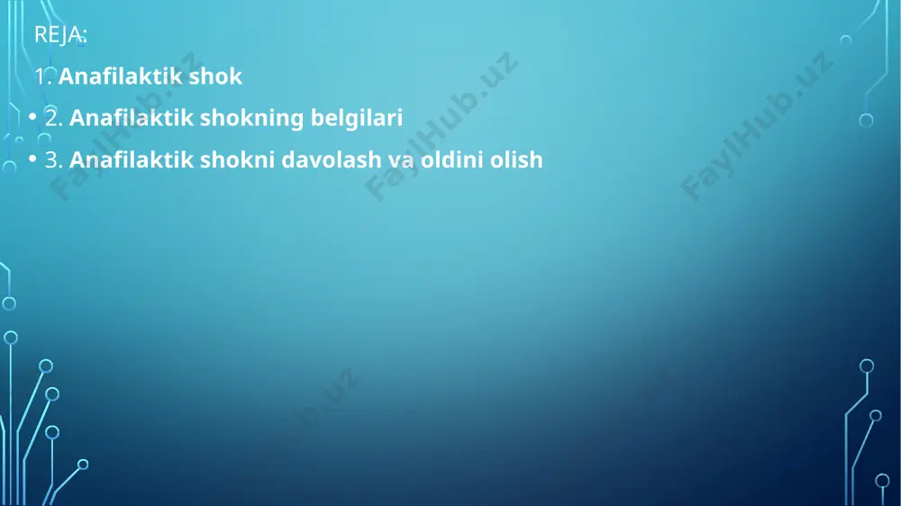 diklofenak, amidopirin, analgin, novokain), immun zardoblari, yod oʻz ichiga olgan teri moddalari, radiopak moddalarni qoʻllash test va giposensibilizatsiya terapiyasi. allergenlar yordamida, qon quyishdagi xatolar, qon oʻrnini bosuvchi moddalar va boshqalar. anafilaktik shok odatda bir necha daqiqa yoki soat ichida turli alomatlar bilan namoyon boʻladi. anafilaktik shok rivojlanishining birinchi alomati yoki hatto xabarchisi allergenning tanaga kirgan joyida aniq mahalliy reaktsiya-hasharot chaqishi yoki inʼektsiya joyida gʻayrioddiy ogʻriq, kuchli shish, shish va qizarish.dori, terining qattiq qichishi, teri boʻylab tez tarqaladigan (umumiy qichishish), qon bosimining keskin pasayishi. allergen ogʻiz orqali qabul qilinganda, birinchi alomat qorinda oʻtkir ogʻriq, koʻngil aynishi va qusish, diareya, ogʻiz boʻshligʻi va halqumning shishishi boʻlishi mumkin. preparatning mushak ichiga kiritilishi bilan retrosternal ogʻriq paydo boʻlishi (qovurgʻalar ostida kuchli siqilish) preparatni qoʻllashdan 10-60 minut oʻtgach kuzatiladi. keyinchalik tez rivojlanadi, halqumning aniq shishishi, bronxospazm va laringospazm, nafas olishning keskin qiyinlashishiga olib keladi. nafas olishning qiyinligi tez, shovqinli, boʻgʻiq (astmatik) nafas olishning rivojlanishiga olib …