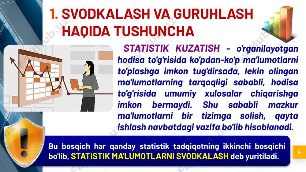 210 260 123,8 % maket sarlavhasi: korxonalarning mahsulot ishlab chiqarishdagi o'sish sur'atlari bo'yicha guruhlari. svodkalash va guruhlash haqida tushuncha 14 umumiy statistik jadval maketi svodkalash va guruhlash haqida tushuncha 15 guruh № o’sish sur’ati bo’yicha korxonalarning guruhlari korxonalar soni ishlab chiqarilgan mahsulot (mln. so’m) o’sish sur’ati (foizda) sentabr oktabr a b 1 2 3 4 i 100 gacha 3 148 138 93,2 % ii 100-110 3 205 216 105,4 % iii 110-120 2 310 345,2 111,4 % iv 120 va yuqori 2 210 260 123,8 % jami 10 873 959,2 109,9 % svodkalash va guruhlash haqida tushuncha 16 shunday qilib, keng ma'nodagi svodkalash quyidagilarni aniqlashga imkon berdi: 1) o'rganilayotgan to'plam tarkibini aniqlashga: 3ta korxonada pasayish sodir bo'lgan, 3tasida o'sish sur'ati 100%dan 110% gacha bo'lgan va h.k.; 2) to'plamdagi ichki rezervlarni aniqlashga: agar 1-guruhdagi 3ta korxonada pasayish sodir bo'lmaganda edi, qo'shimcha 10 mln. so'mlik mahsulot olinib, 10ta korxona bo'yicha o'sish sur'ati …