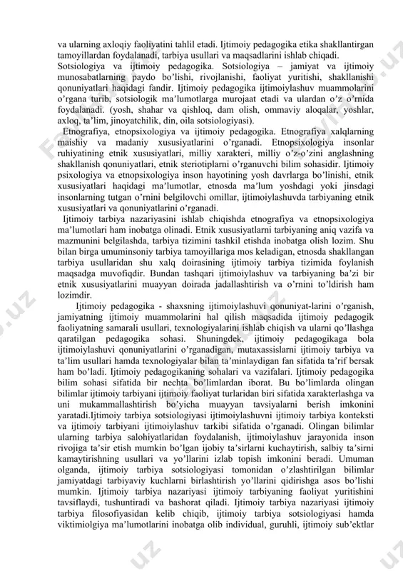 h nazariyasi va amaliyotidir” deb taʼkidlaydi. a.v.mudrikning fikricha, “ijtimoiy pedagogika - barcha yosh va ijtimoiy guruhlar ijtimoiy tarbiyasini oʼrganuvchi pedagogika”dir. v.d.semenov “ijtimoiy pedagogika yoki muhit pedagogikasi”ni maʼlum yutuqlarni birlashtiruvchi va ularni ijtimoiy tarbiya jarayonida amalga oshiradigan fan, deb hisoblaydi. i.p.podlasiyning “pedagogika” darsligida quyidagicha taʼrif mavjud: “ijtimoiy pedagogika - ijtimoiy muhitning shaxsni shakllantirishga va ijtimoiy tarbiya muammolariga taʼsiri qonuniyatlarini oʼrganuvchi fandir”. m.a.galaguzova ijtimoiy pedagogikaga uning obʼekti va predmetini aniqlash orqali taʼrif bermoqchi boʼlgan. ijtimoiy pedagogikaning fan sifatidagi mohiyatini aniqlash uchun “fan” tushunchasining oʼzi obʼektiv bilimlarini tizimlashtirish va ishlab chiqishga qaratilgan faoliyat ekanligini taʼkidlash lozim. tushunchaning ilmiy mazmuniy jihatini oʼrganish “ijtimoiy pedagogika” atamasiga eʼtibor qaratishni talab qiladi. u ikki sohadan iborat boʼlib, yaʼni “pedagogika” va “sotsiologiya”ning birlashuvidan vujudga kelgan. bu birlashuv tasodifiy emas. u fanda tabaqalashuv va ixtisoslashuvning zamonaviy jarayonlariga bogʼliq. pedagogika fanida tabaqalashuv va ixtisoslashuv jarayoni keyingi yillarda ancha kuchaydi. baʼzi bir ixtisoslashtirilgan sohalar - maktabgacha pedagogika, maktab pedagogikasi, maxsus pedagogika, …