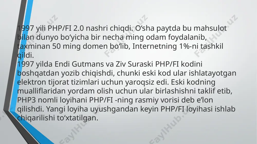 yo'q edi ..." "... men dasturlash tilini qanday yozishni bilmasdim, shunchaki keyingi funksionalliklarni qo'shib borishda davom etdim". bir necha yillar davomida til rivojlandi va bugungi kundagi holatiga erishdi. php odatda server tomonidagi skriptlarni yozishda foydalaniladi. u bevosita html ga yozilishi mumkin. php da tuzilgan ko'plab cms (content management system) va framework lar mavjud. 2. 244+ million saytlar phpda ishlaydi. netcraftning 2013-yilgi so'roviga ko'ra, php taxminan 244+ million saytda ishlayapti. bugungi kunda bu til butun dunyo bo'ylab keng qo'llanilayotganini inobatga olgan holda, bu raqam hozirda ancha yuqori. 3. top veb-saytlar va mashhur brendlar php dan foydalanadi. blablacar, digg, facebook, flickr, proprofs, technorati, ted va yahoo kabi eng yirik onlayn brendlar php dasturlash tilidan foydalanishadi. e’tiboringiz uchun tashakkur image2.png image3.png /docprops/thumbnail.jpeg