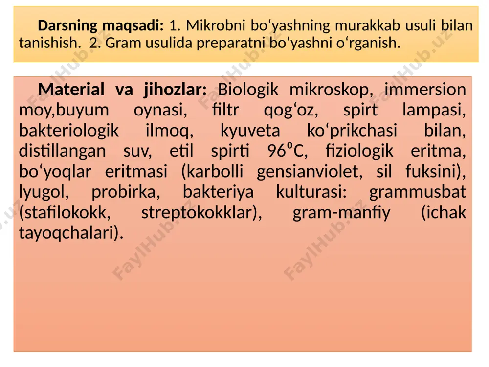 ‘yoq bilan bo‘yagandan keyin spirt ta’sirida rangsizlanmaydi va binafsha rangni saqlab qoladi (13,14,17-rasm). grammanfiy bakteriyalar esa spirt ta’si-rida rangsizlanadi va sil fuksini bilan qo‘shimcha bo‘yaganda, qizil rangga kiradi (15 – 16-rasm). gensianviolet (yoki kristallviolet) va sitoplazmadagi nuklein kislotalar yod (lyugol eritmasi: kristall holdagi yod – 1g, kaliy yod – 2g, distillangan suv – 300 ml ) ishtirokida suvda erimaydigan hamda spirtda kam eriydigan barqaror birikma hosil qiladi. shuning uchun 30 soniya spirt ta’sir ettirilganda hujayra devori qalin, ko‘p qavatli peptidoglikani bor (grammusbat) bakteriyalar rangsizlanmaydi. grammanfiy bakte-riyalarda esa hujayra devori yupqa, peptidoglikani kam va qatlamining g‘ovaklari yirikroq bo‘lib, spirtning o‘tishini onsonlashtiradi. natijada hosil bo‘lgan birikma parchalanib bo‘yoqni tutib qololmaydi hamda spirt ta’sirida hujayra rangsizlanadi. gram usulida bo‘yash 1. alangaga tutib fiksatsiyalangan surtma filtr qog‘oz orqali gensianviolet bo‘yog‘i bilan bo‘yaladi - 2 daqiqa. 2. filtr qog‘ozni olib, bo‘yoq to‘kib tashlanadi va surtma ustiga lyugol eritmasi quyiladi - 2 daqiqa . 3. lyugol …