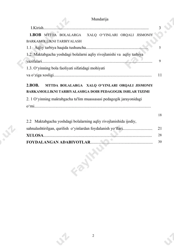 hirib, jismoniy tarbiya masalalari va qadriyatlarni tiklashga hamda uni rivojlantirishga katta e'tibor berildi. «sog‘lom avlod » deganda — eng avvalo, sog‘lom naslni, jismonan baquvvat shu bilan birga ruhi, fikri sog‘lom, iymon-e'tiqodi butun, bilimli, ma'naviyati yuksak, mard va jasur, vatanparvar avlod tushuniladi. maktabgacha yoshdagi bolalar ta'lim-tarbiyasining vazifalari jismoniy, aqliy, ahloqiy, estetik, mehnat tarbiyasini berish va ularning tug‘ma layoqati, qiziqishi, ehtiyoji va imkoniyatlarini hisobga olgan holda, milliy va umuminsoniy qadriyatlar asosida muntazam maktab ta'limiga tayyorlashdan iborat. . o‘zbekiston respublikasi prezidentining 2016 yil 29 dekabrdagi “2017-2021 yillarda maktabgacha ta'lim tizimini yanada takomillashtirish chora-tadbirlari to‘g‘risida”gi pq-2707-sonli qarori ijrosini ta'minlashda bolalarni maktab ta'limiga tayyorlash darajasini tubdan yaxshilash, ta'lim-tarbiya jarayoniga zamonaviy ta'lim dasturlarini tadbiq etish, malakali pedogog kadrlar bilan ta'minlash, bolalarni har tomonlama intellektual, ahloqiy, estetik va jismoniy rivojlantirish uchun shart-sharoitlar yaratish, ta'lim muassasalarining moddiy texnika bazasini, “maktabgacha ta'lim tizimini yanada takomillashtirish bo‘yicha 2017-2021 yillarga mo‘ljallangan dasturida belgilangan vazifalarni amalga oshirish chora-tadbirlari rejasi ishlab ishlab chiqilib, …